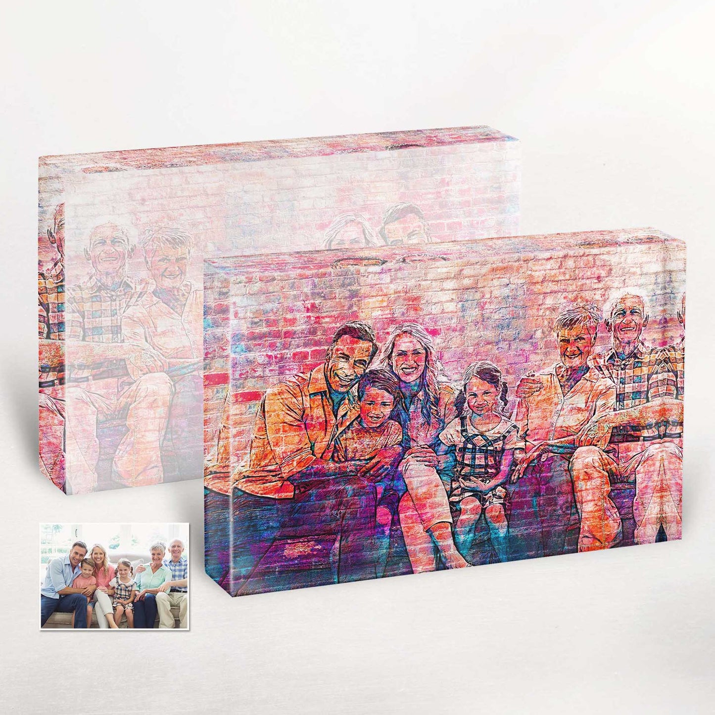 Personalised Brick Graffiti Art Acrylic Block Photo: Celebrate anniversaries and birthdays with a unique and artistic touch. Customised from your photo, it's a vibrant and modern addition to your friends' homes.