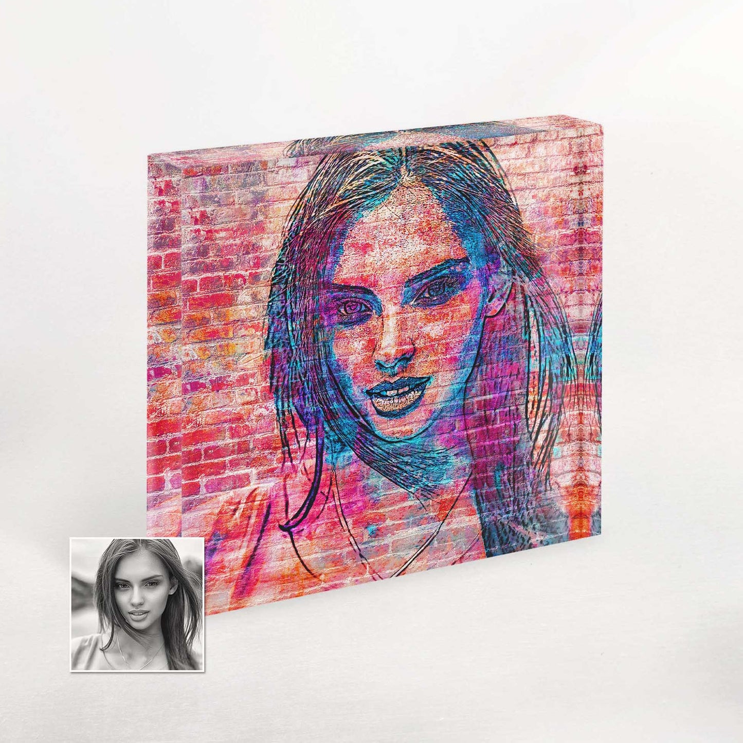 Personalised Brick Graffiti Art Acrylic Block Photo: A unique gift for anniversaries and birthdays. Celebrate special occasions with a modern twist, showcasing your memories in a vibrant and artistic way.