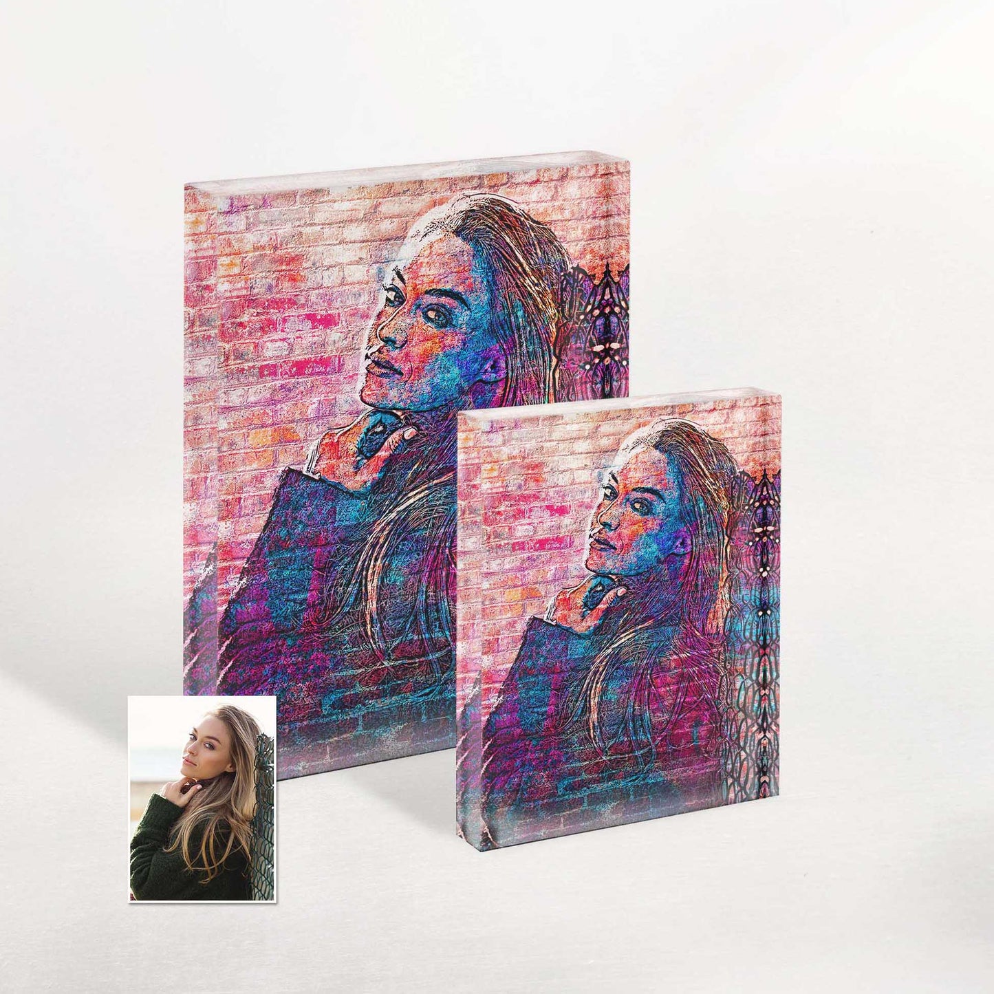 Capture the essence of street art with Personalised Brick Graffiti Art Acrylic Block Photo. Whether it's for an anniversary, birthday, or a gift for friends, this modern home decor piece transforms your photo into a graffiti-inspired masterpiece.