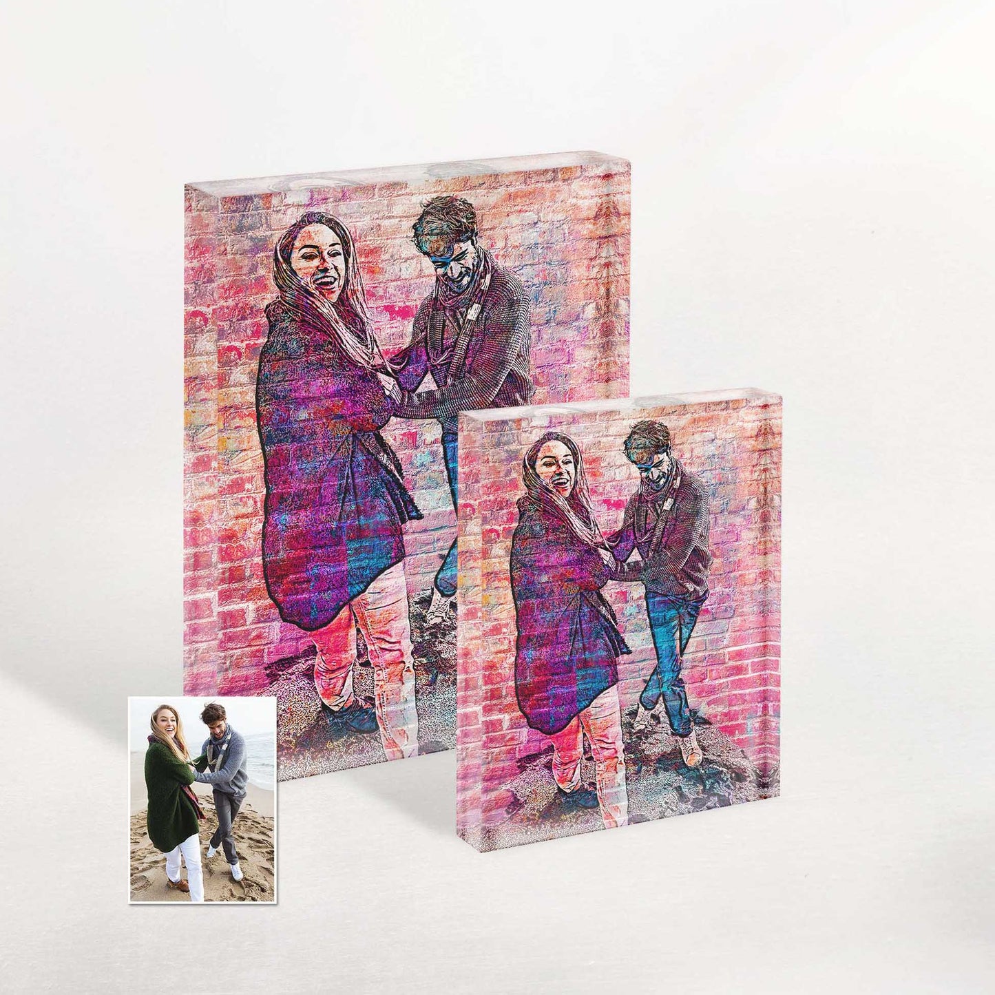 Customise a memorable gift: Personalised Brick Graffiti Art Acrylic Block Photo. Celebrate anniversaries, birthdays, or surprise your friends with this modern home decor piece. The vibrant brick graffiti art adds a unique touch to any space.