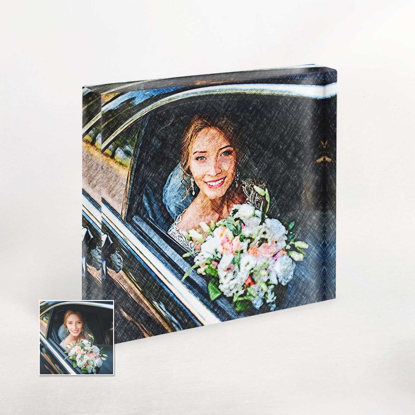 Elevate your home decor with a personalised charcoal drawing acrylic block photo. The elegant and chic design adds a touch of sophistication to any space, making it a perfect gift for weddings, engagements, and anniversaries.
