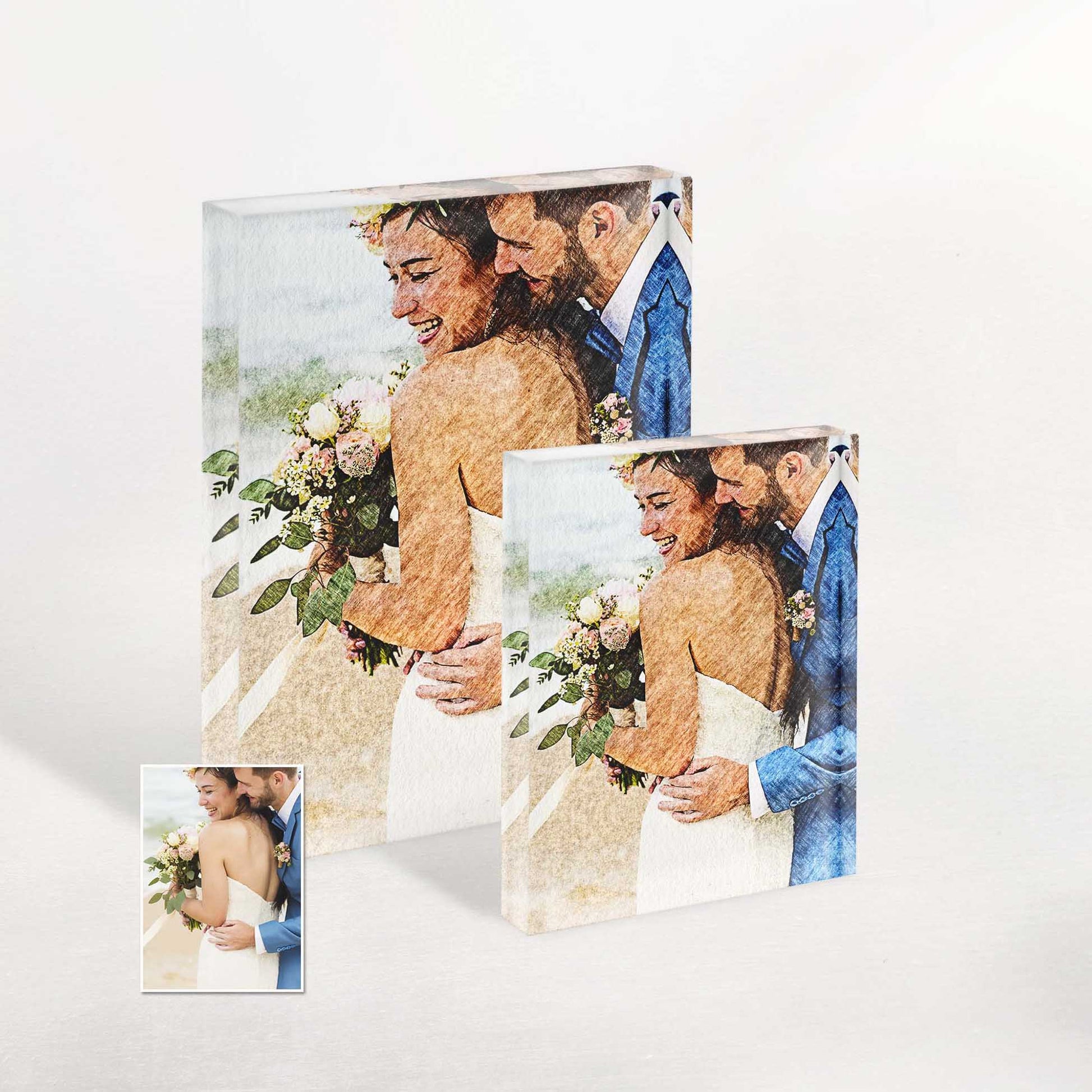 Celebrate love and special occasions with a personalised charcoal drawing acrylic block photo. Its stylish and timeless appeal brings an elegant and chic touch to any decor, making it an ideal choice for weddings, engagements, and anniversaries.