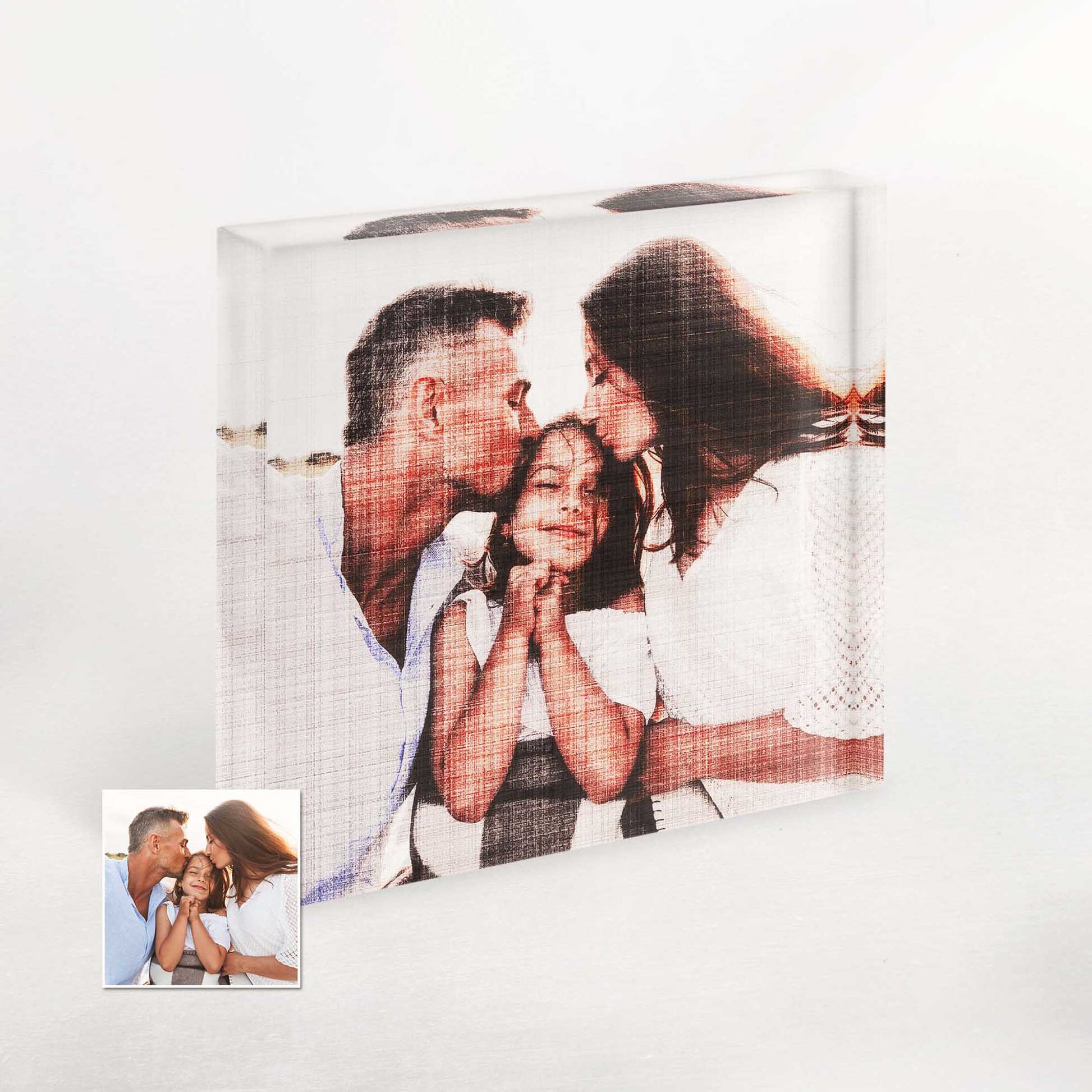 Celebrate special occasions with a personalised fabric canvas texture acrylic block photo. Its original and unique style brings a boho vibe to your home decor, making it a perfect gift for family