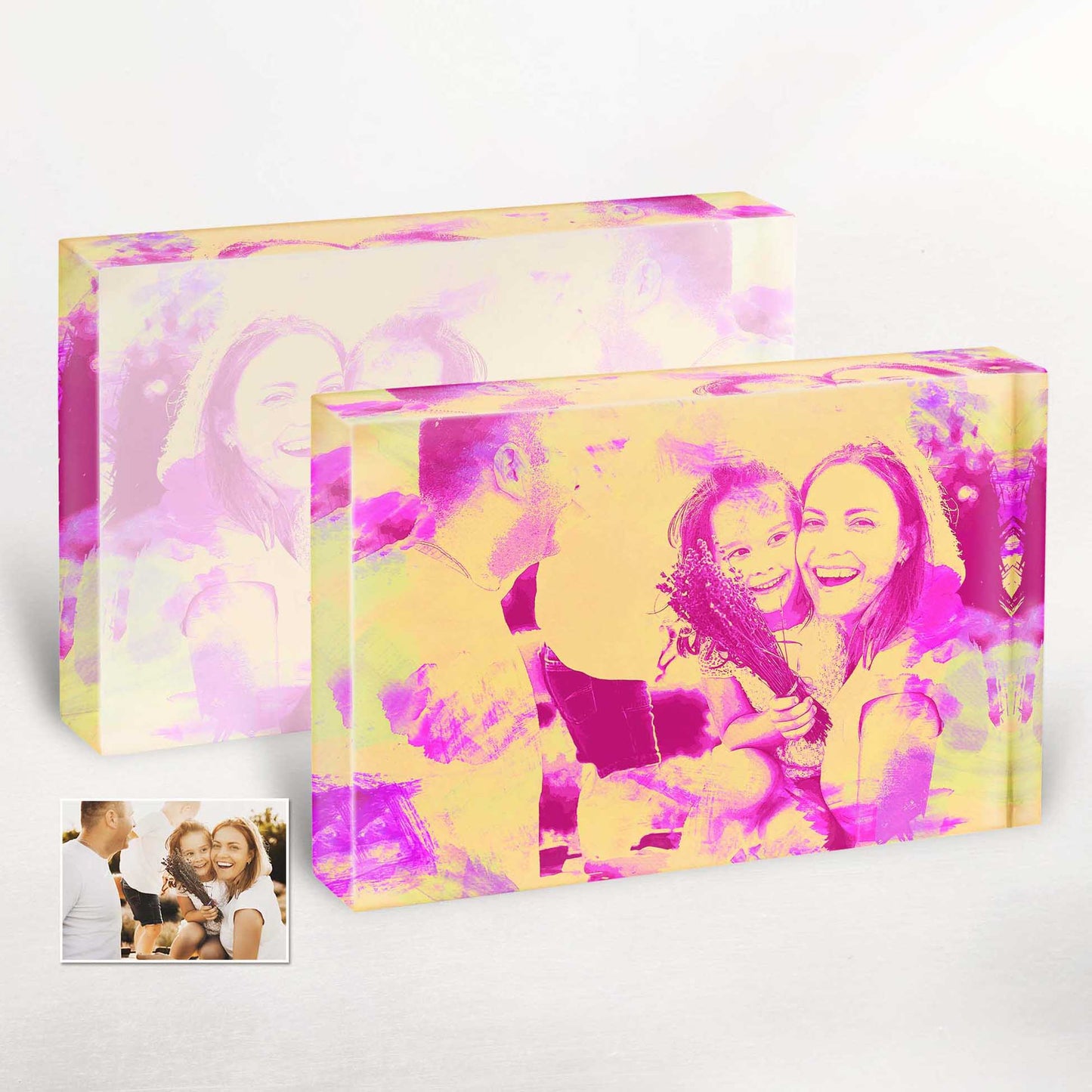 Add a touch of artistic flair with our Personalised Pink and Yellow Watercolor Acrylic Block Photo. Its vibrant and captivating colors bring a cool and refreshing vibe to any space, making it a unique and memorable gift for anniversaries or birthdays.