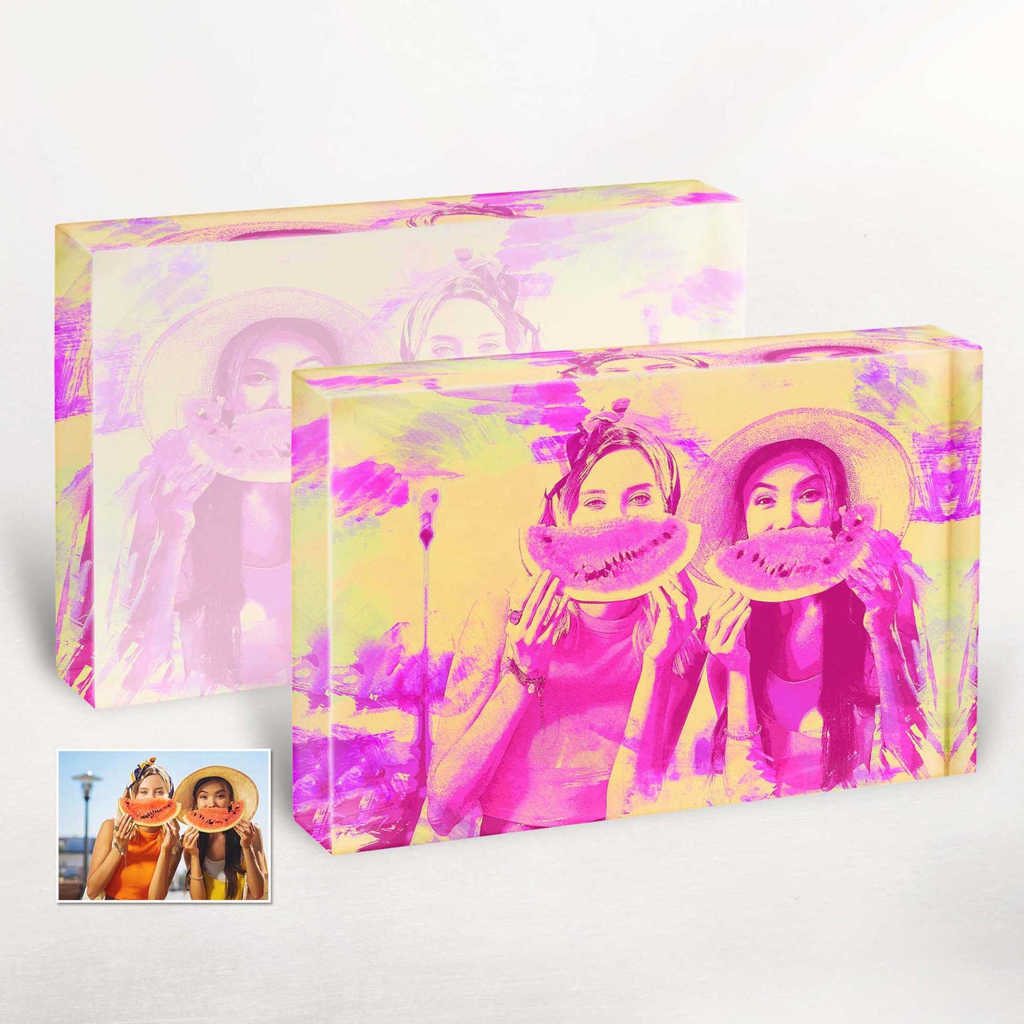 Our Personalised Pink and Yellow Watercolor Acrylic Block Photo is a burst of colorful vibrancy. The cool and refreshing hues blend seamlessly, creating an exciting visual experience that makes it an ideal anniversary or birthday gift.