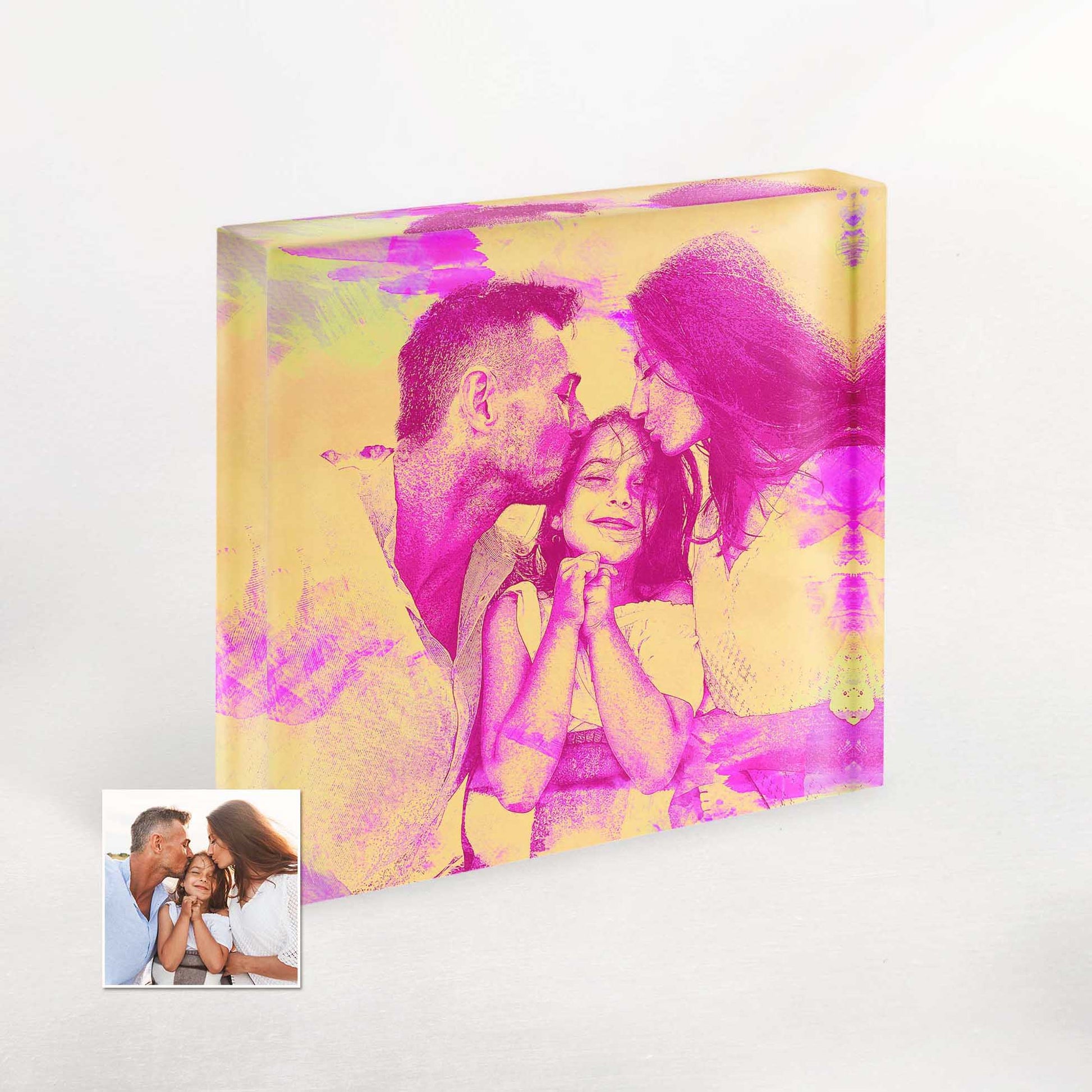 Experience the joy of our Personalised Pink and Yellow Watercolor Acrylic Block Photo. Its colorful and vibrant design exudes a sense of excitement, making it a perfect gift choice for those special anniversaries or birthdays. 