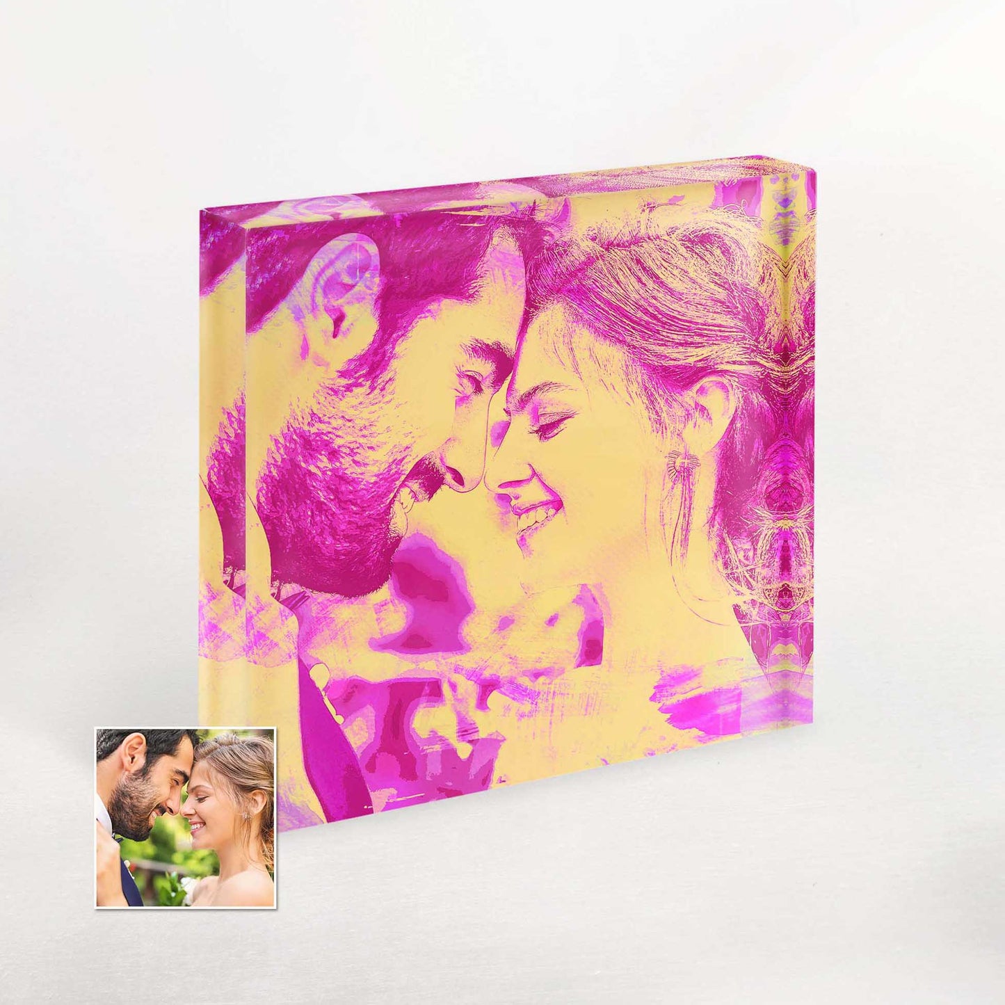 Our Personalised Pink and Yellow Watercolor Acrylic Block Photo is a stunning display of cool and refreshing hues. The vibrant colors create an exciting visual impact, making it a memorable gift idea for anniversaries or birthdays.