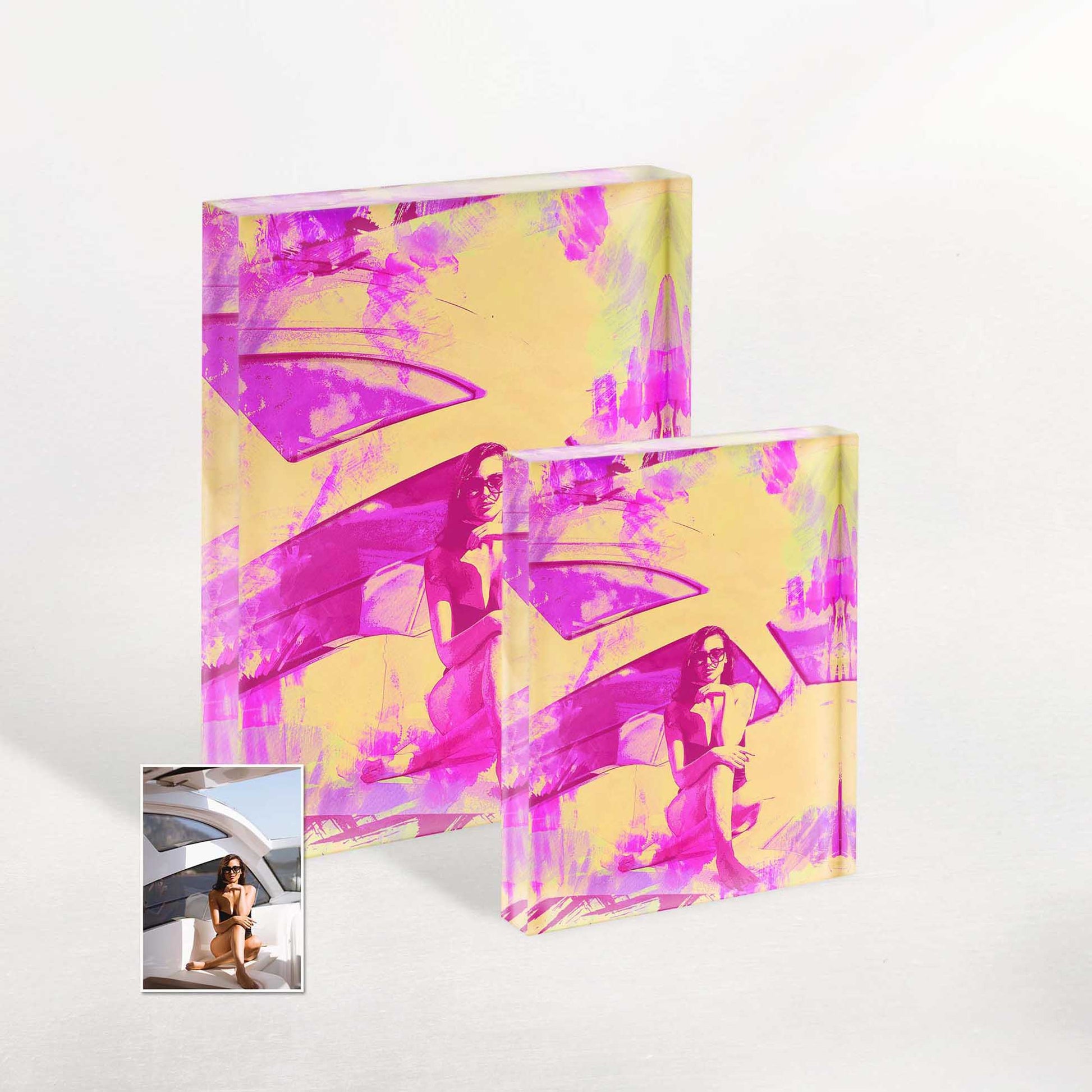 Surprise your loved ones with our Personalised Pink and Yellow Watercolor Acrylic Block Photo. Its captivating and vibrant colors bring a sense of excitement and joy, making it a cool and memorable gift for anniversaries or birthdays.