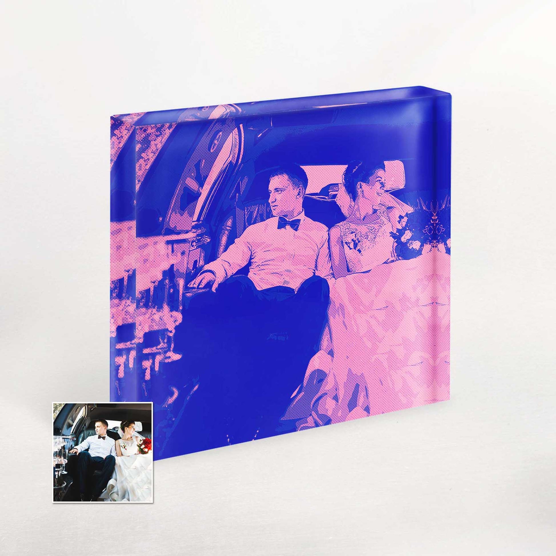 Elevate your decor with the whimsical charm of our Personalised Purple and Pink Comic Acrylic Block Photo. Its cool comic cartoon style and vibrant colors create a trendy and unique visual experience, making it an original and hip addition to your space.