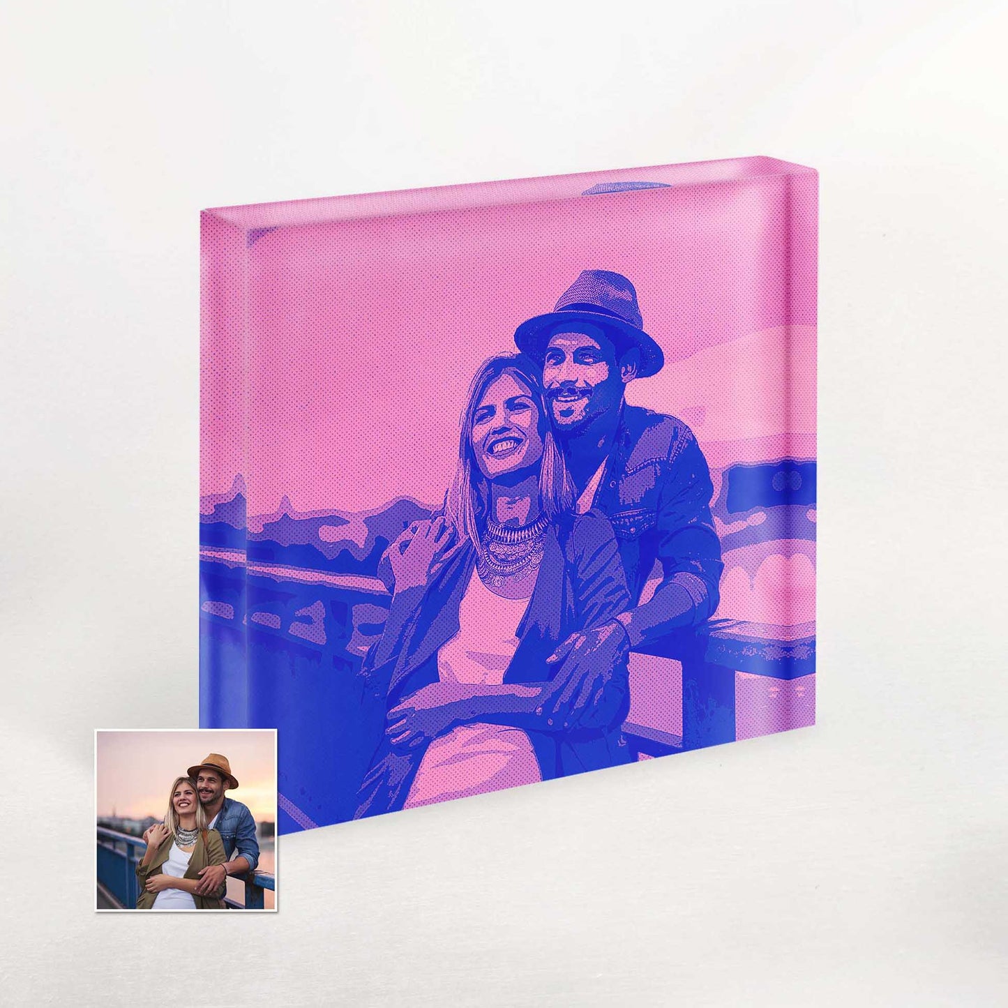 Surprise your loved ones with our Personalised Purple and Pink Comic Acrylic Block Photo. Its cool and vibrant comic cartoon style makes it a trendy and original gift, showcasing your thoughtfulness and love for unique and hip novelties.