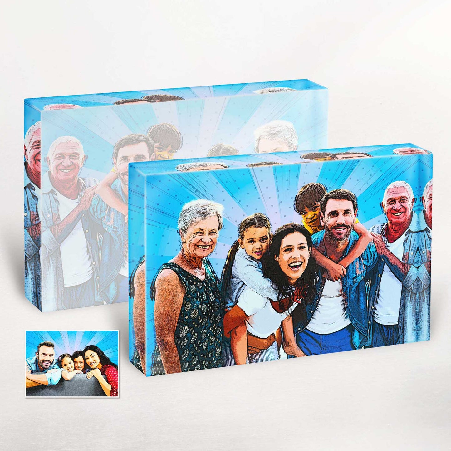 Add a touch of fun and happiness to your home with our Personalised Cartoon Comic Acrylic Block Photo. This fresh and original artwork is sure to brighten up your space, creating a joyful and inviting ambiance.