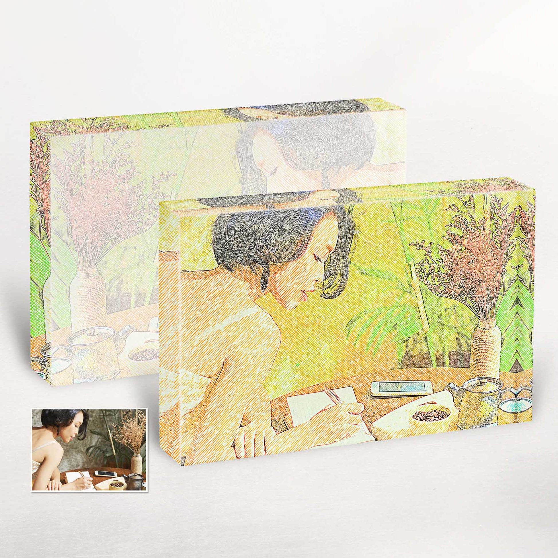 Add a touch of artistic charm to your home decor with our Personalised Drawing Crosshatch Acrylic Block Photo. Its unique crosshatch drawing style brings a natural and boho aesthetic, creating a hip 