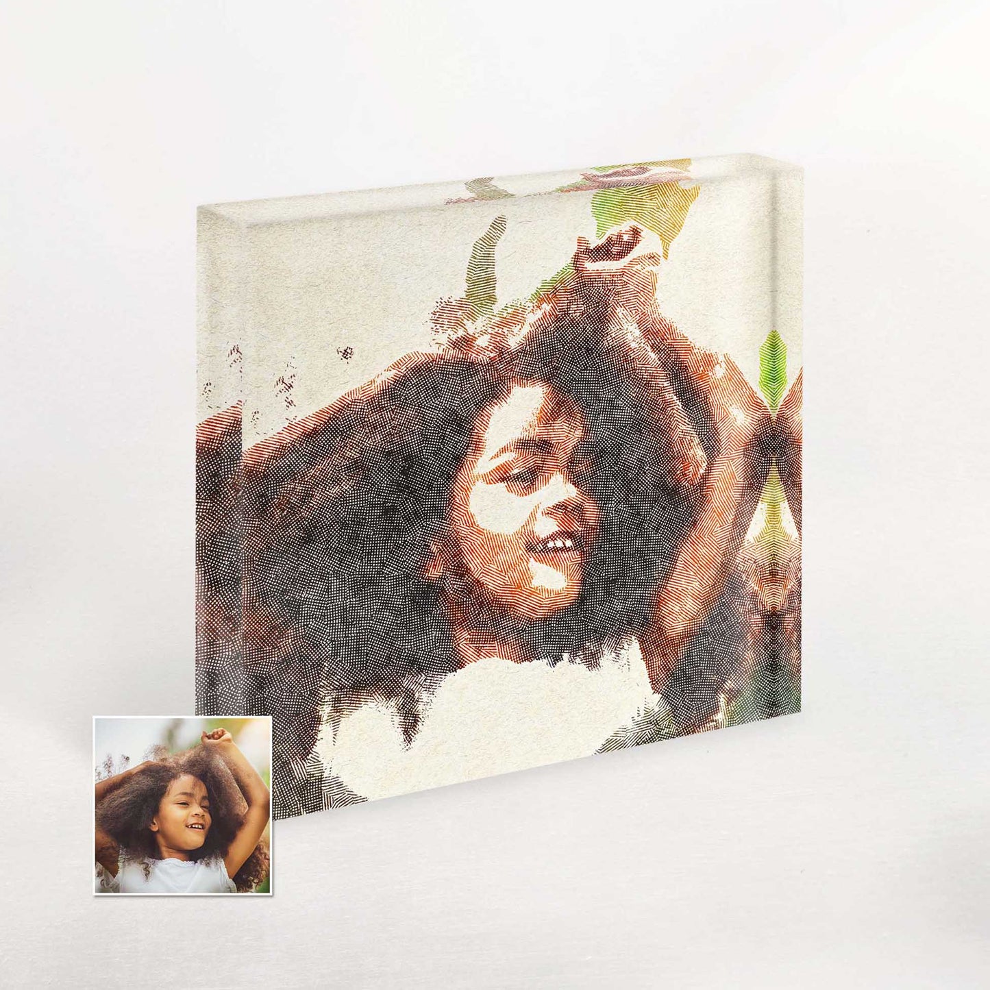 Elevate your home decor with our Personalised Crosshatch Acrylic Block Photo. Its distinctive texture drawing, crafted from your photo, adds an exciting and inspirational element, filling your space with a vibrant and bright sense of happiness.