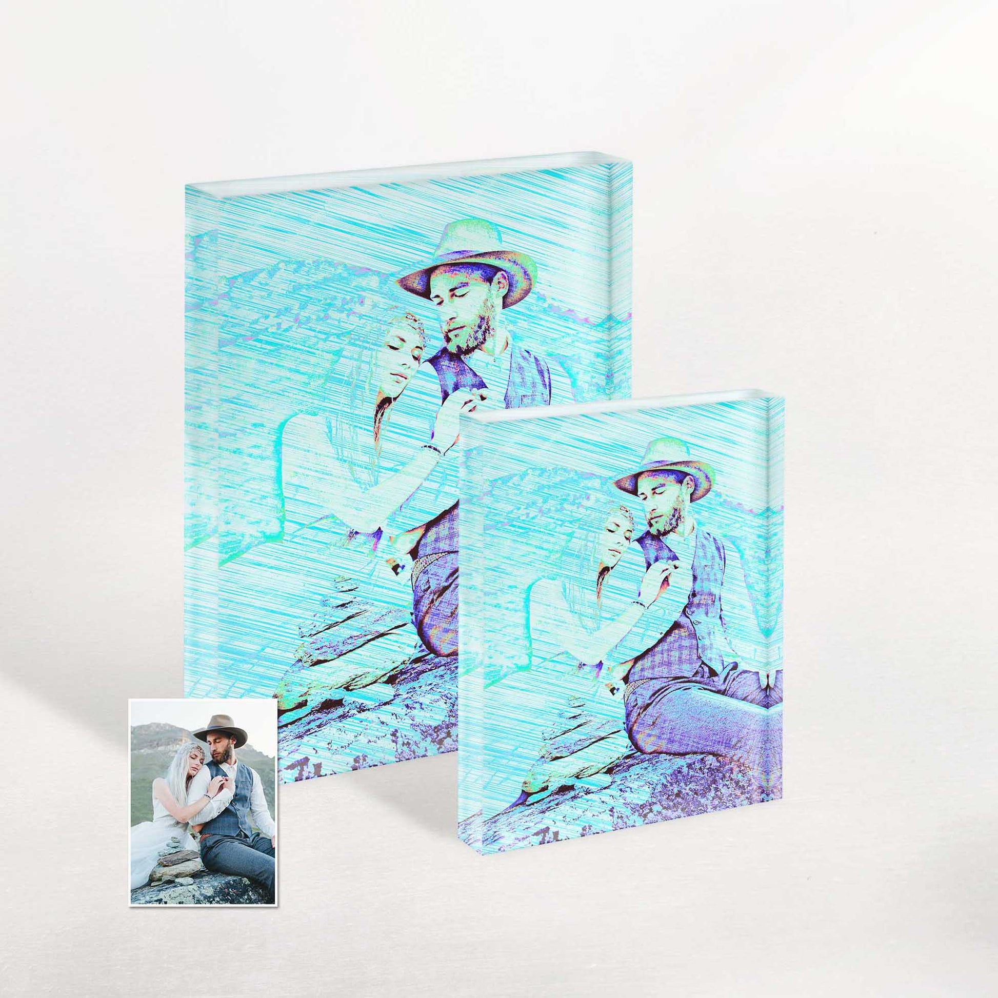 Transform your photo into a stunning piece of art with our Personalised Blue Drawing Acrylic Block Photo. Its fresh and cool color palette, combined with vibrant and vivid details, brings a fun and lively energy to your space
