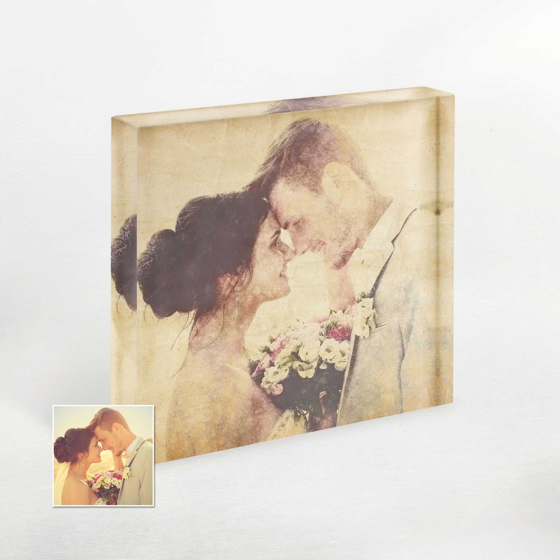 Add a touch of vintage sophistication to your home decor with the Personalised Vintage Gouache Acrylic Block Photo. This exquisite piece combines the beauty of gouache art with the elegance of an acrylic block