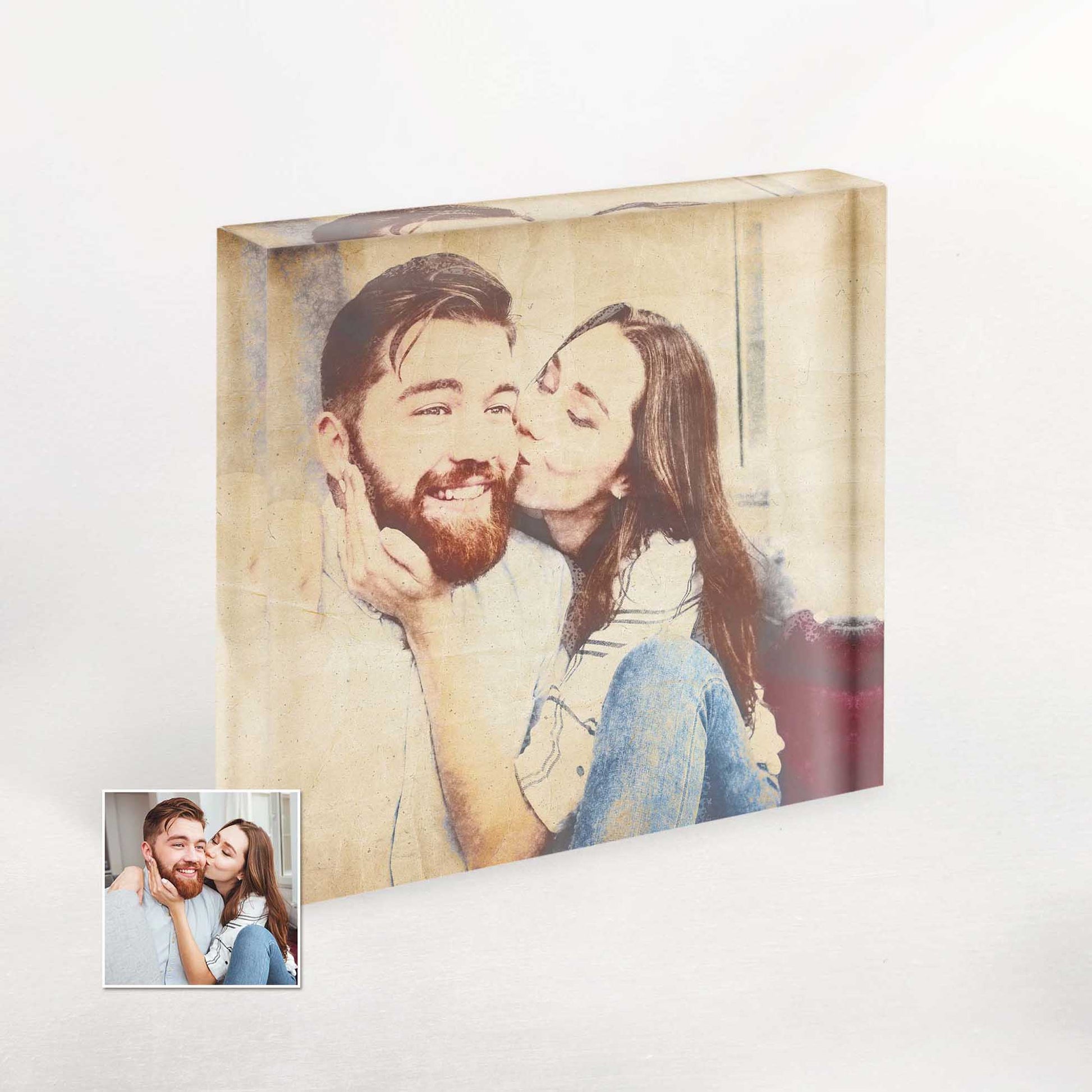 The Personalised Vintage Gouache Acrylic Block Photo is a true masterpiece of home decor. Its delicate and romantic design evokes feelings of nostalgia and love, making it an ideal anniversary gift or family keepsake