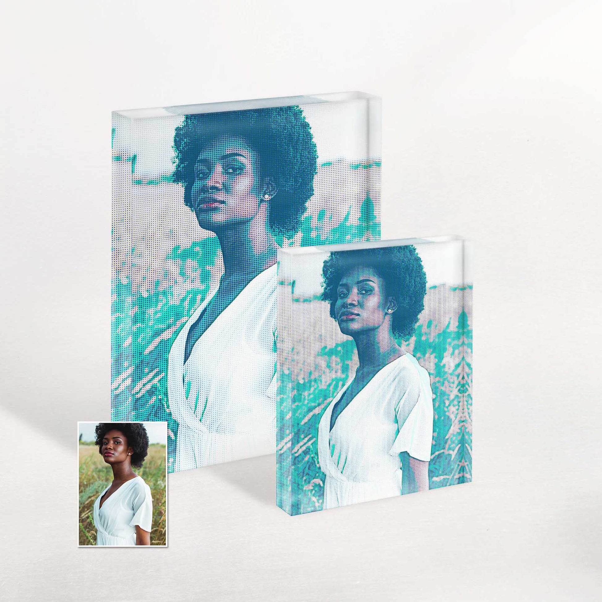 Experience the captivating allure of the Personalised Green Grunge Acrylic Block Photo. Its oldschool halftone design and vibrant green palette create a fun and fresh aesthetic that is sure to enliven your home