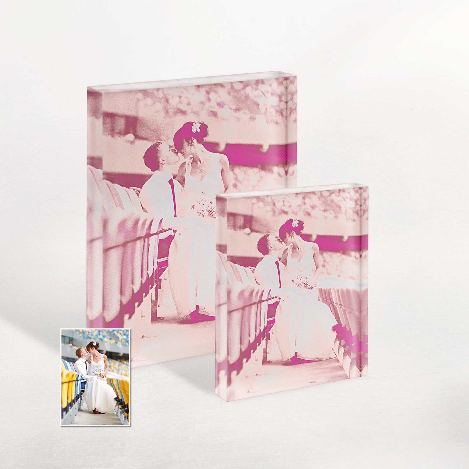 Bring a pop of vibrant charm to your home decor with the Personalised Pink Pop Halftone Acrylic Block Photo. Its exciting and chic design instantly grabs attention and adds a touch of elegance to any space