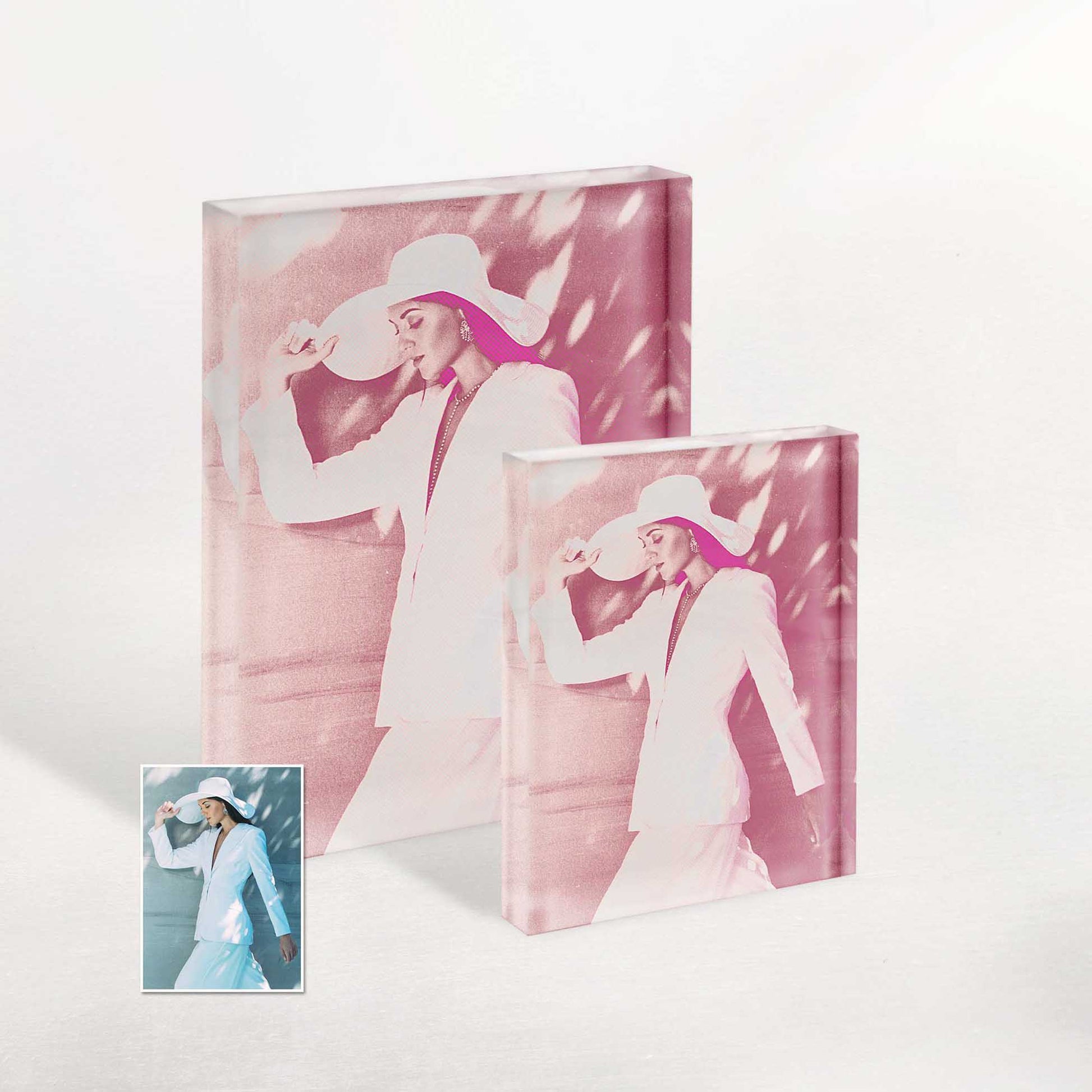 Personalised Pink Pop Halftone Acrylic Block Photo: A burst of vibrant happiness for your home decor. The exciting and chic design adds an elegant charm to your space, while the vivid colors and halftone effect 