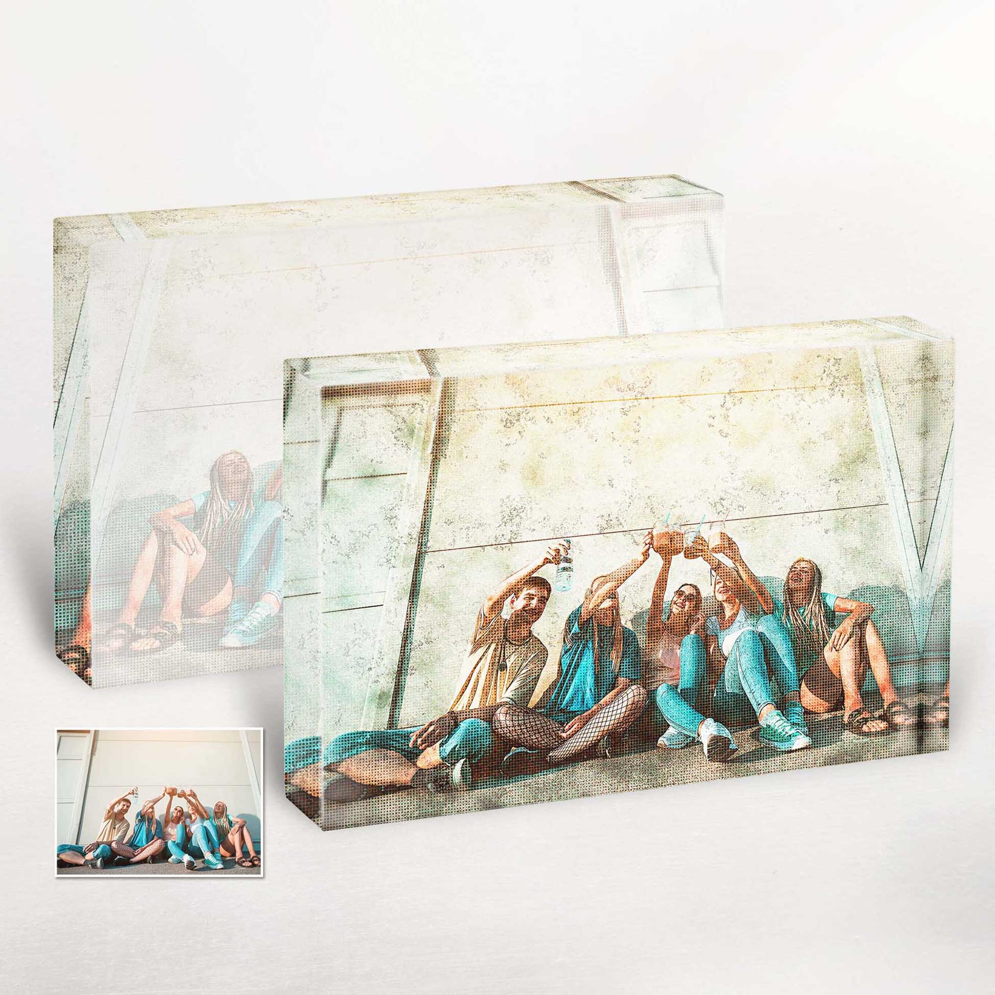 Add a nostalgic touch to your home decor with the Personalised Grunge FX Acrylic Block Photo. Its oldschool charm, enhanced by the halftone design, creates a unique and captivating aesthetic
