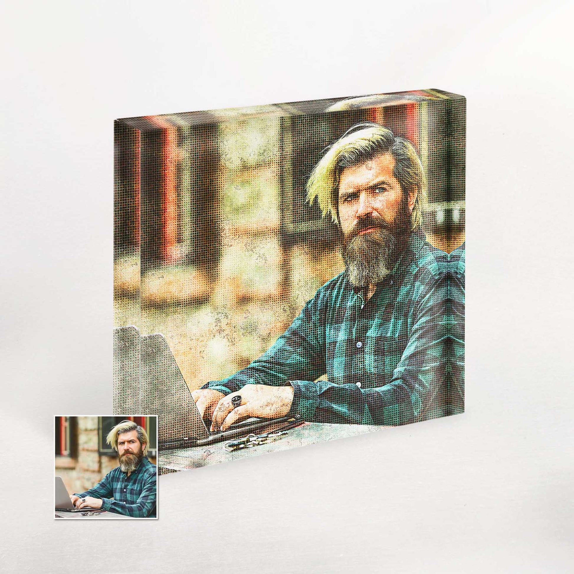 Experience the beauty of a Personalised Grunge FX Acrylic Block Photo, combining oldschool charm and halftone aesthetics. This unique and creative home decor item adds an original touch to any space