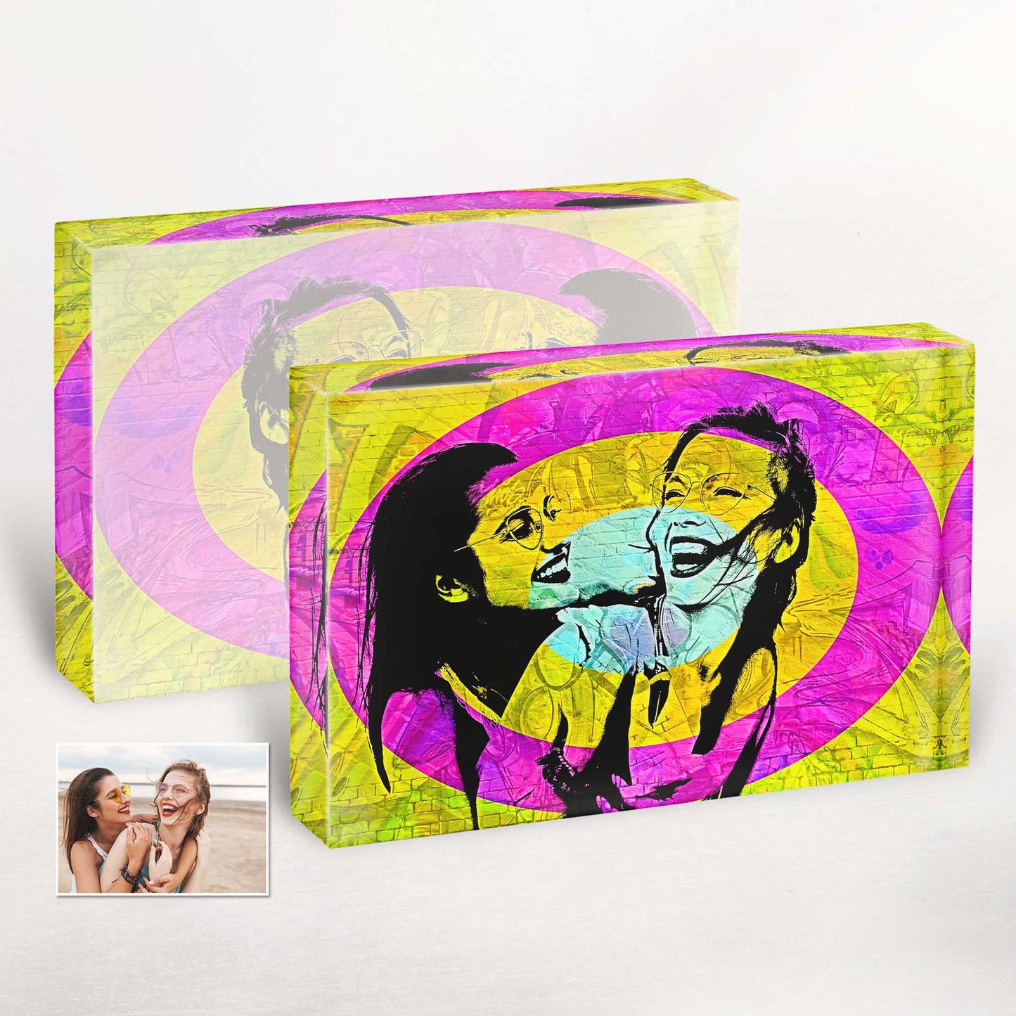 Add a touch of urban flair to your decor with the Personalised Graffiti Street Art Acrylic Block Photo. Its cool and fresh design captures the essence of street art, making it a unique and vibrant novelty gift for couples