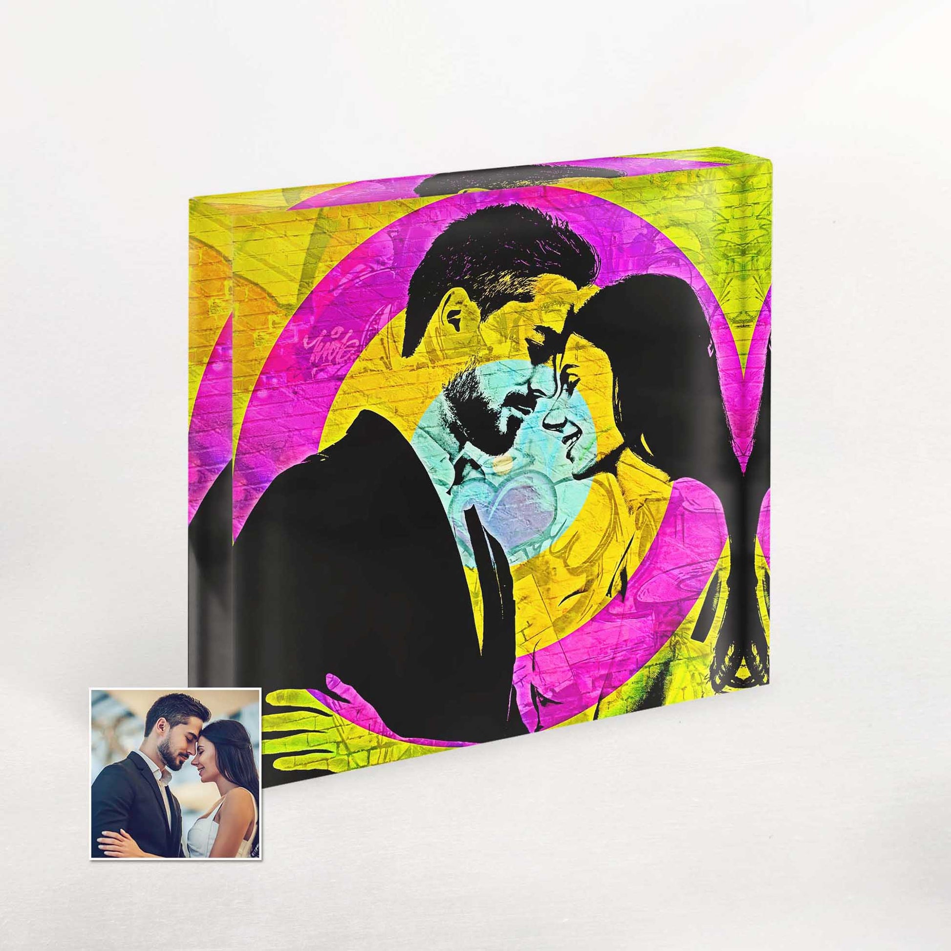 Experience the urban charm with the Personalised Graffiti Street Art Acrylic Block Photo. Its cool and fresh design captures the essence of street art, offering a novelty gift idea for couples' anniversaries