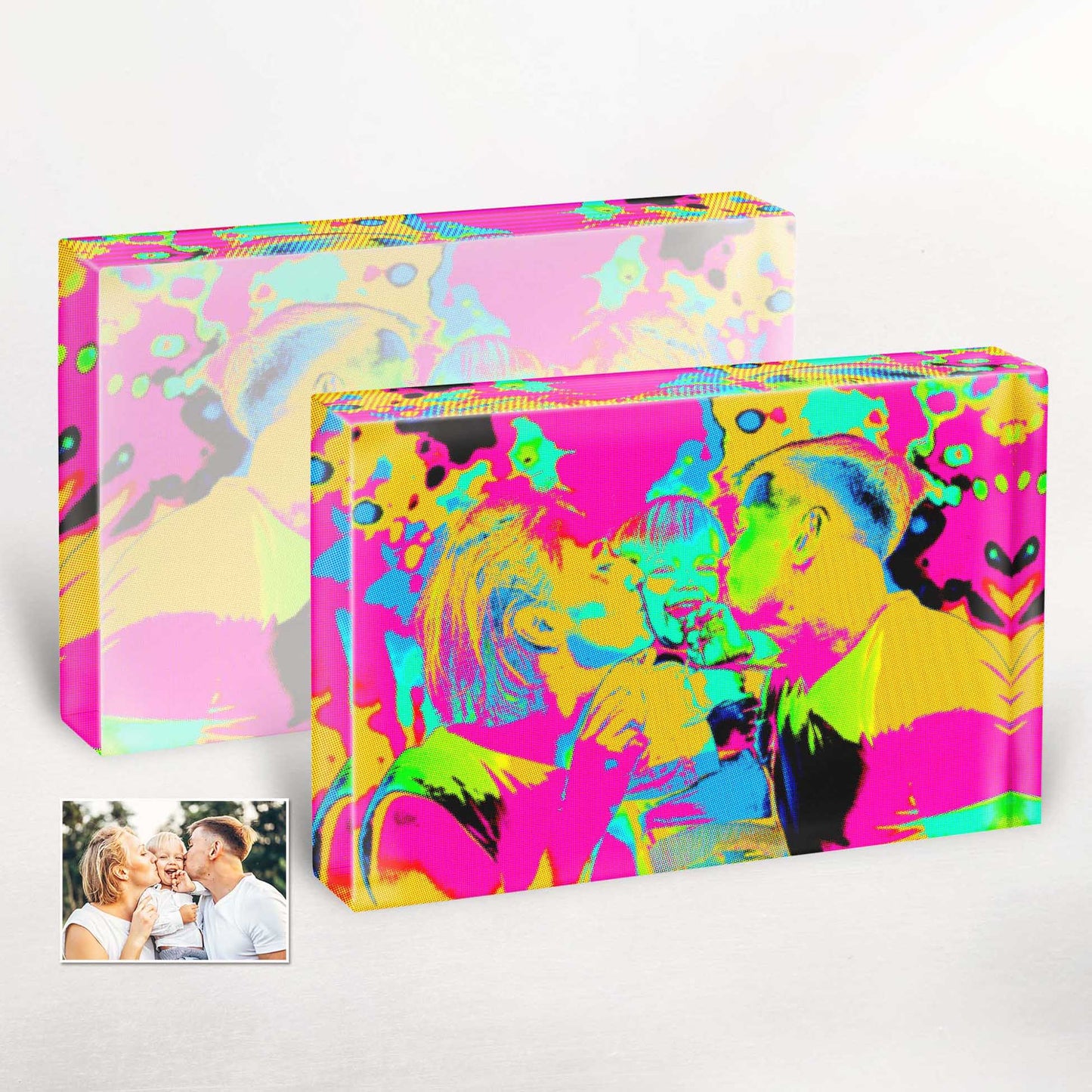 Personalised Pop Art Acrylic Block Photo: A celebration of color and creativity. This fun and exciting piece showcases bright and vibrant hues, capturing the essence of pop art. It serves as a unique and energizing
