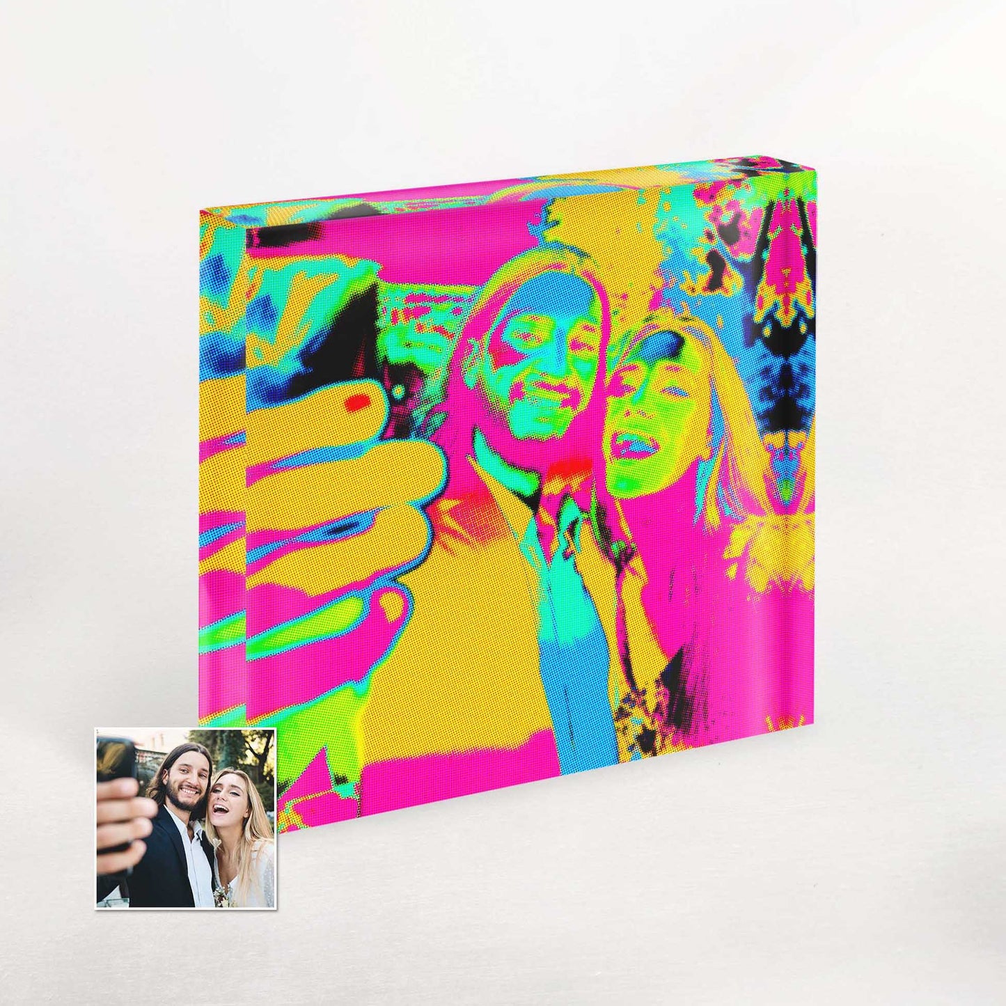 Personalised Pop Art Acrylic Block Photo: Infuse your space with a burst of color and energy! This unique and vibrant piece captures the essence of pop art, showcasing bright and vibrant hues
