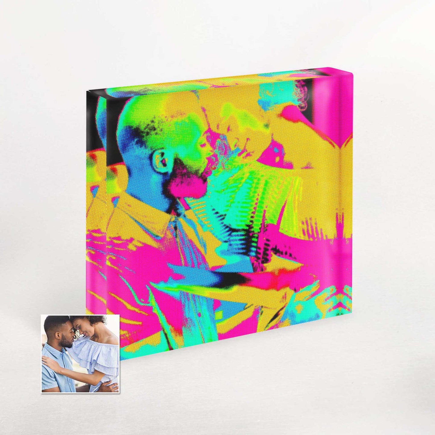 Experience the vibrant energy of the Personalised Pop Art Acrylic Block Photo. Its colorful and bright design exudes fun and excitement, making it a unique and lively birthday or anniversary gift