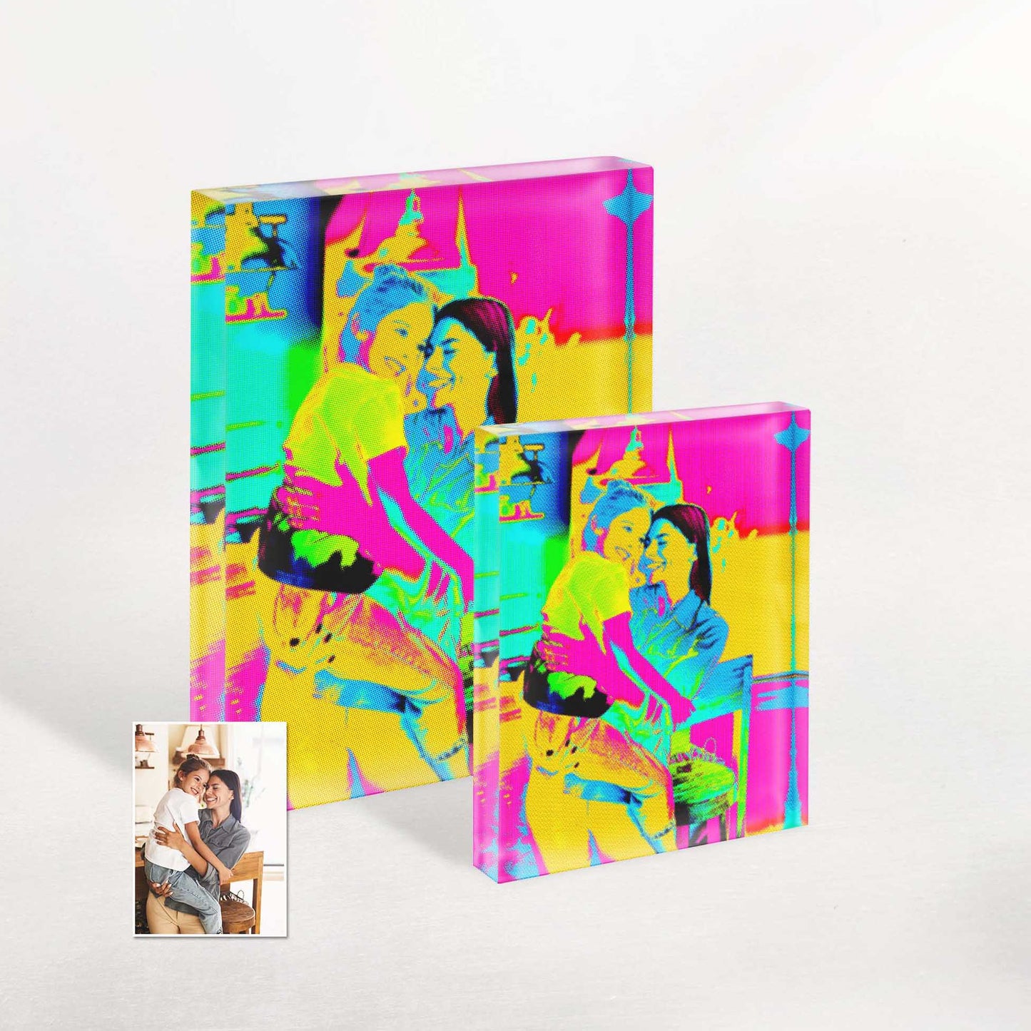 Personalised Pop Art Acrylic Block Photo: A burst of vibrant and unique expression. This colorful and fun piece captures the spirit of pop art, making it an exciting birthday or anniversary gift