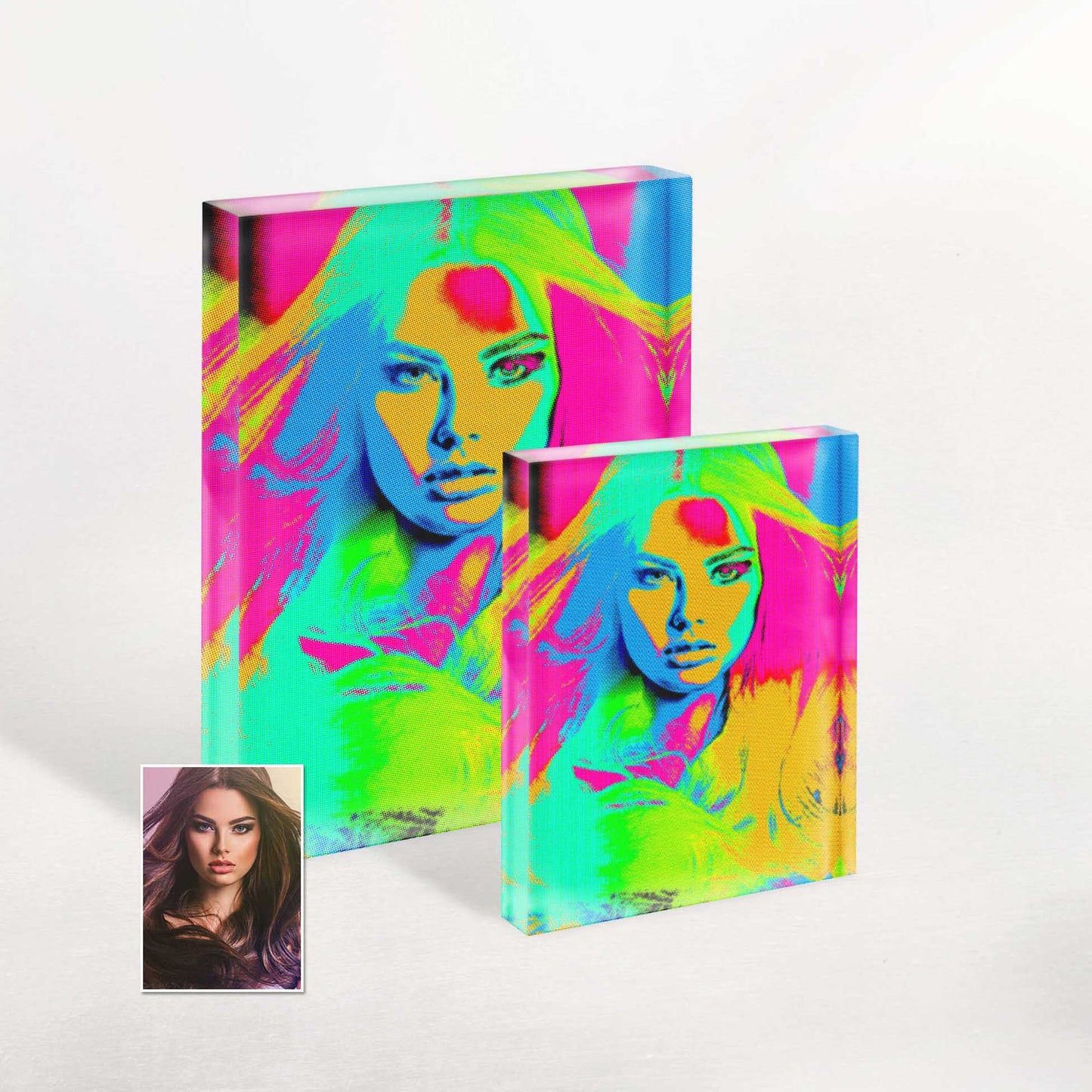 Infuse your space with the captivating energy of the Personalised Pop Art Acrylic Block Photo. Its bright and vibrant design radiates fun and excitement, serving as a cool and energetic birthday or anniversary gift
