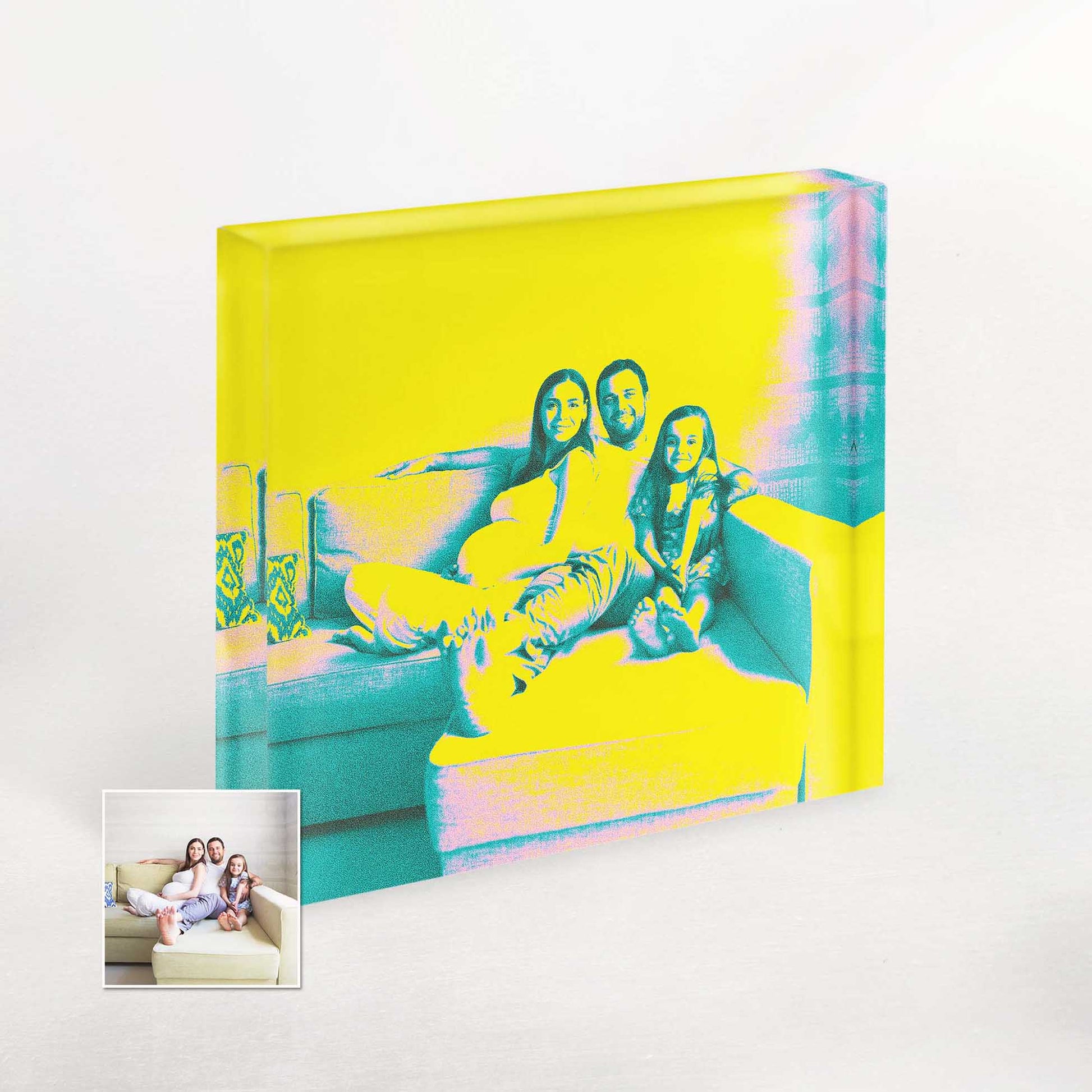Experience the captivating allure of personalized art with this Acid Yellow Color Effect Acrylic Block Photo. The intense and vivid yellow shade adds a sense of vibrancy and excitement, making it a perfect statement piece for contemporary spaces
