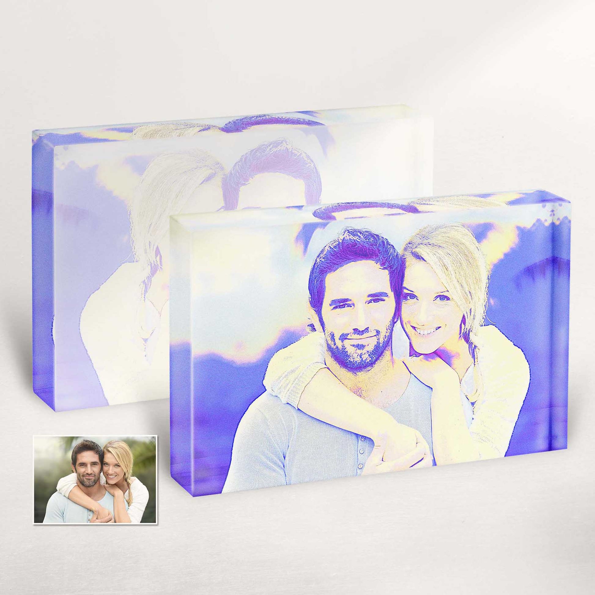 Make a bold statement with this personalised Blue and Purple Posterizer Acrylic Block Photo. The original and unique design, featuring vibrant blue and purple hues, adds a touch of modern elegance to any space