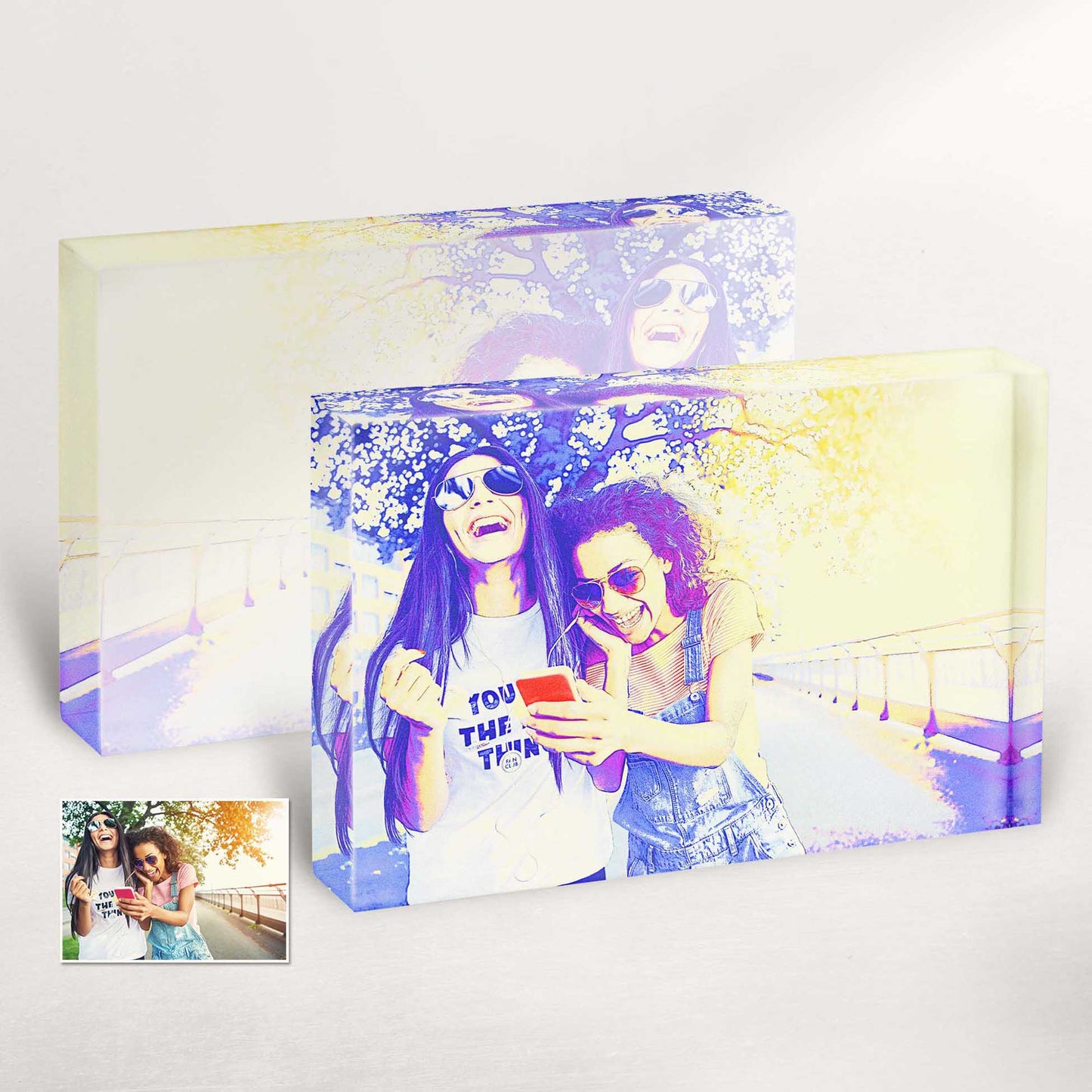 Experience the beauty of personalised art with this Blue and Purple Posterizer Acrylic Block Photo. The striking combination of blue and purple shades creates a visually captivating and one-of-a-kind artwork, perfect for home decor or as a thoughtful gift