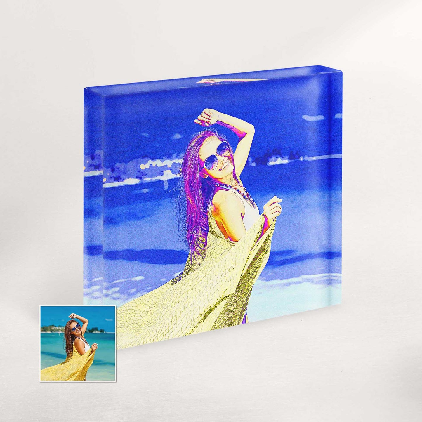 Elevate your home decor with this personalised Blue and Purple Posterizer Acrylic Block Photo. The original design and vibrant color scheme make it a standout piece, adding a touch of artistic flair to your space