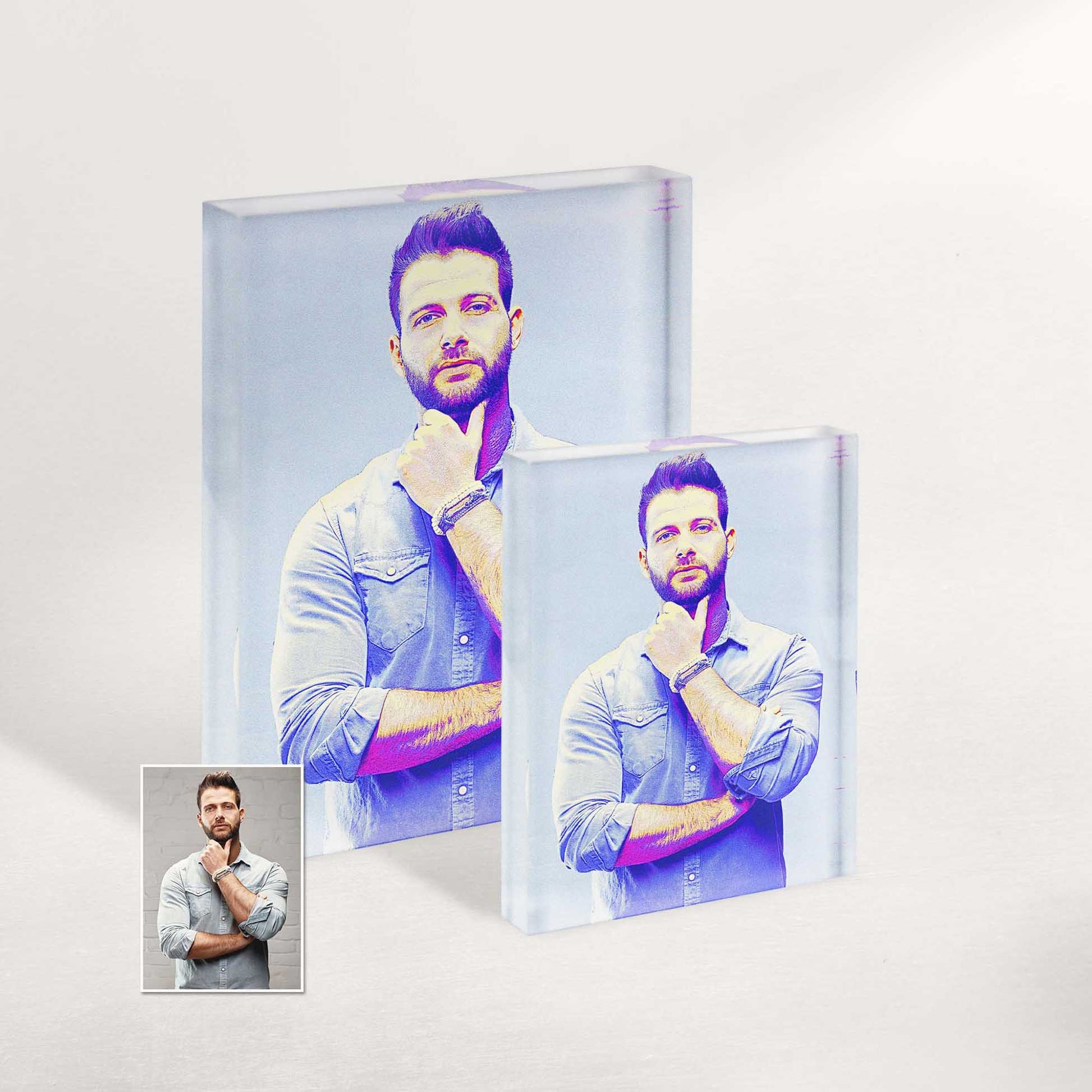 Discover the perfect gift for art enthusiasts with this personalised Blue and Purple Posterizer Acrylic Block Photo. The originality and uniqueness of the design, combined with the vibrant colors, make it a thoughtful and memorable present