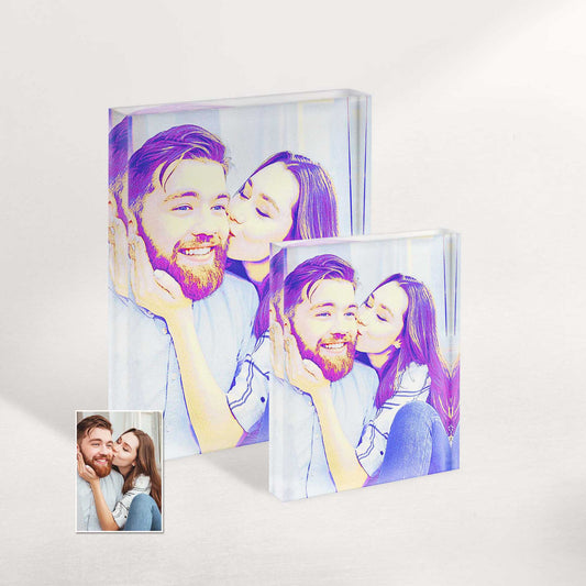 Transform your space with this personalised Blue and Purple Posterizer Acrylic Block Photo. The original artwork, featuring a captivating blend of blue and purple shades
