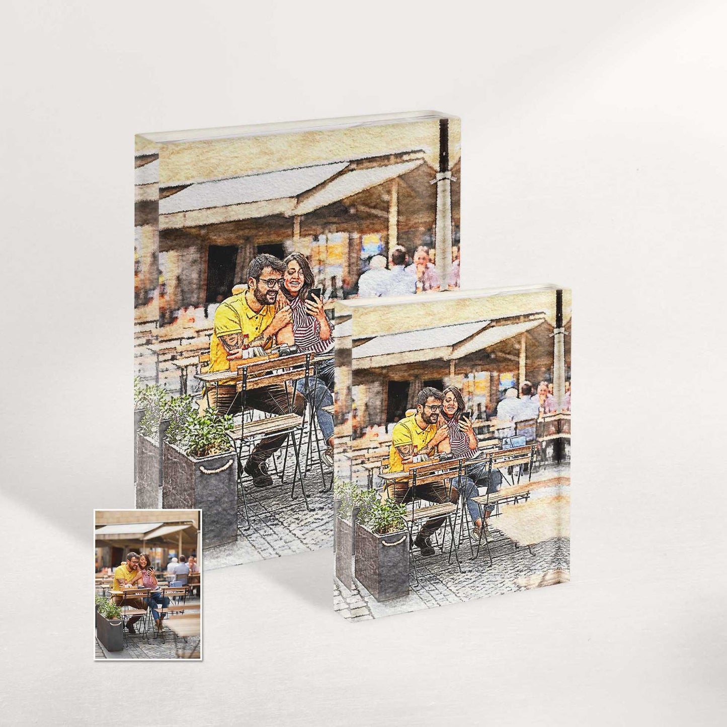 Be captivated by the striking beauty of our stunning acrylic block photos, expertly crafted to showcase personalized watercolor paintings that capture and immortalize your most precious moments