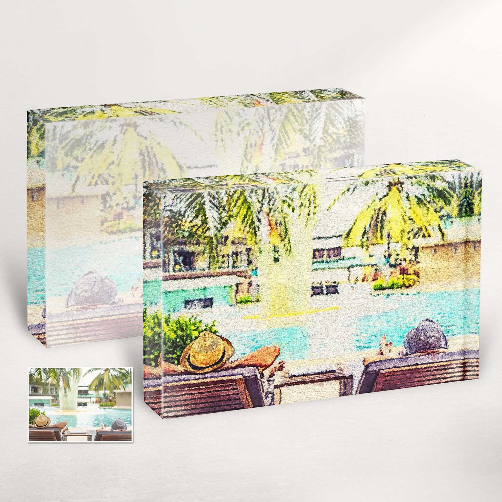 Elevate your home decor with our Personalised Aquarelle Acrylic Block Photo. Crafted from your own photo, each piece exudes the charm and beauty of a delicate watercolor painting. It's a unique and thoughtful gift