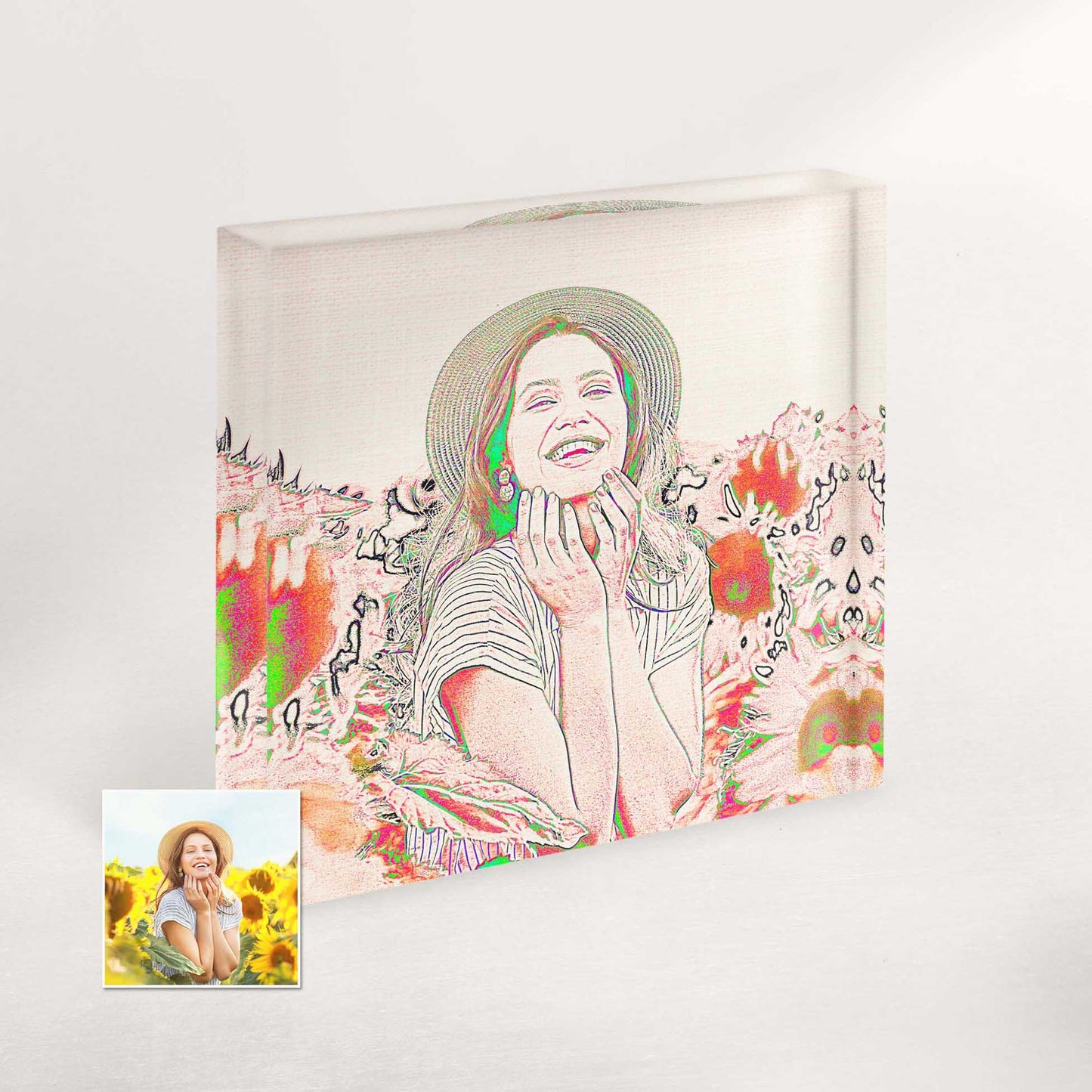 Cool and Colorful Personalized Pencil Drawing Acrylic Block Photo: Add a vibrant pop of color to your space with this captivating artwork. The pencil drawing is expertly enhanced with vibrant hues