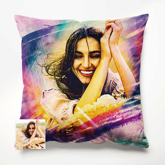 Add a touch of artistic flair to your space with the Personalised Artistic Brush Painting Cushion. Made with soft velvet fabric and featuring a print from your photo, this handmade cushion showcases a unique and creative design
