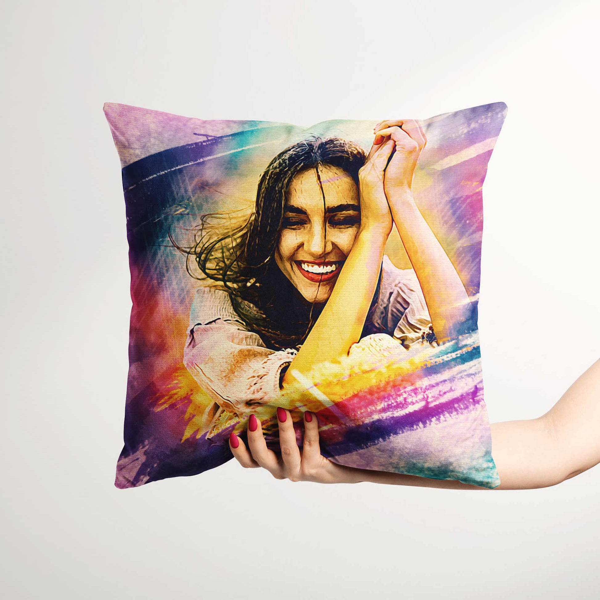 Add a pop of creativity to your home with the Personalised Artistic Brush Painting Cushion. Crafted with care from plush velvet fabric, this handmade cushion features a print from your photo, making it a truly unique and original art