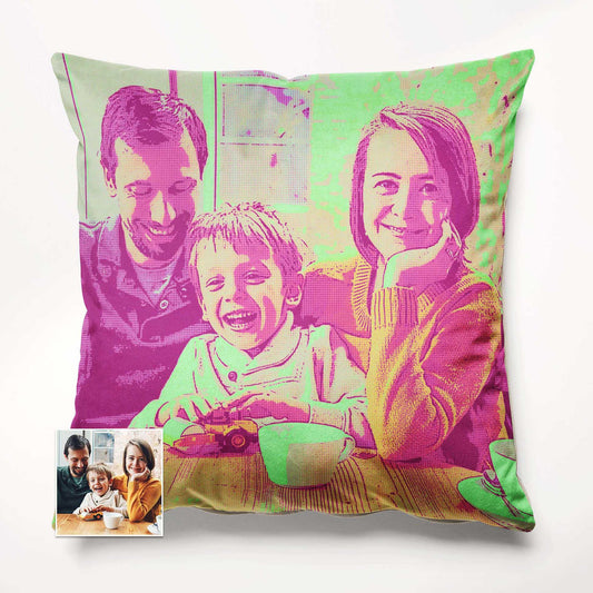 Personalise your space with a Pink & Green Pop Art Cushion, adding a fun and vibrant touch to your home decor. Made with soft velvet fabric, this cosy cushion brings a burst of colourful energy to any room. Print it from a photo 