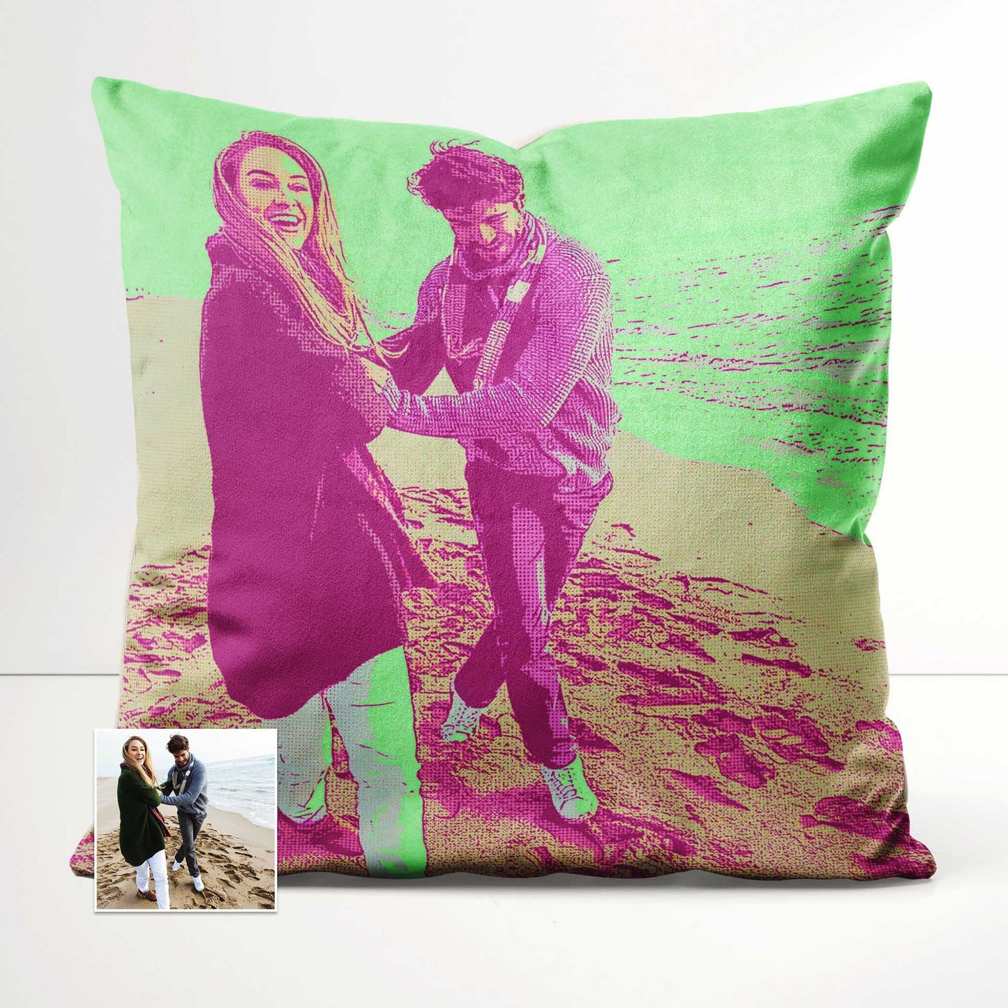 Elevate your home decor with a personalised Pink & Green Pop Art Cushion. Made from soft velvet fabric, this full and colourful cushion adds a touch of vibrancy and uniqueness to your living space. Print it from a photo 