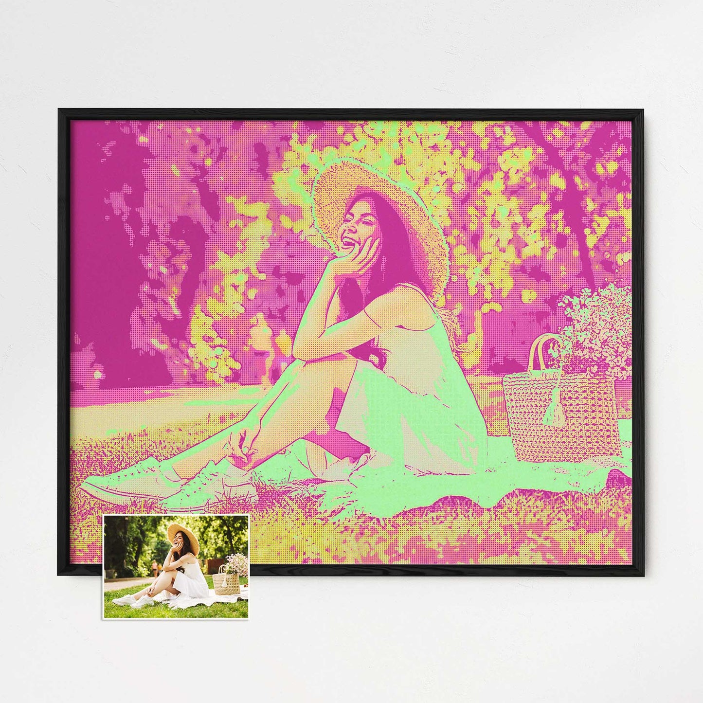 Discover the beauty of a Personalised Green & Pink Pop Art Framed Print from your photo. This captivating artwork combines vibrant colors, unique design, and a touch of coolness to create a one-of-a-kind piece. Printed on thick paper