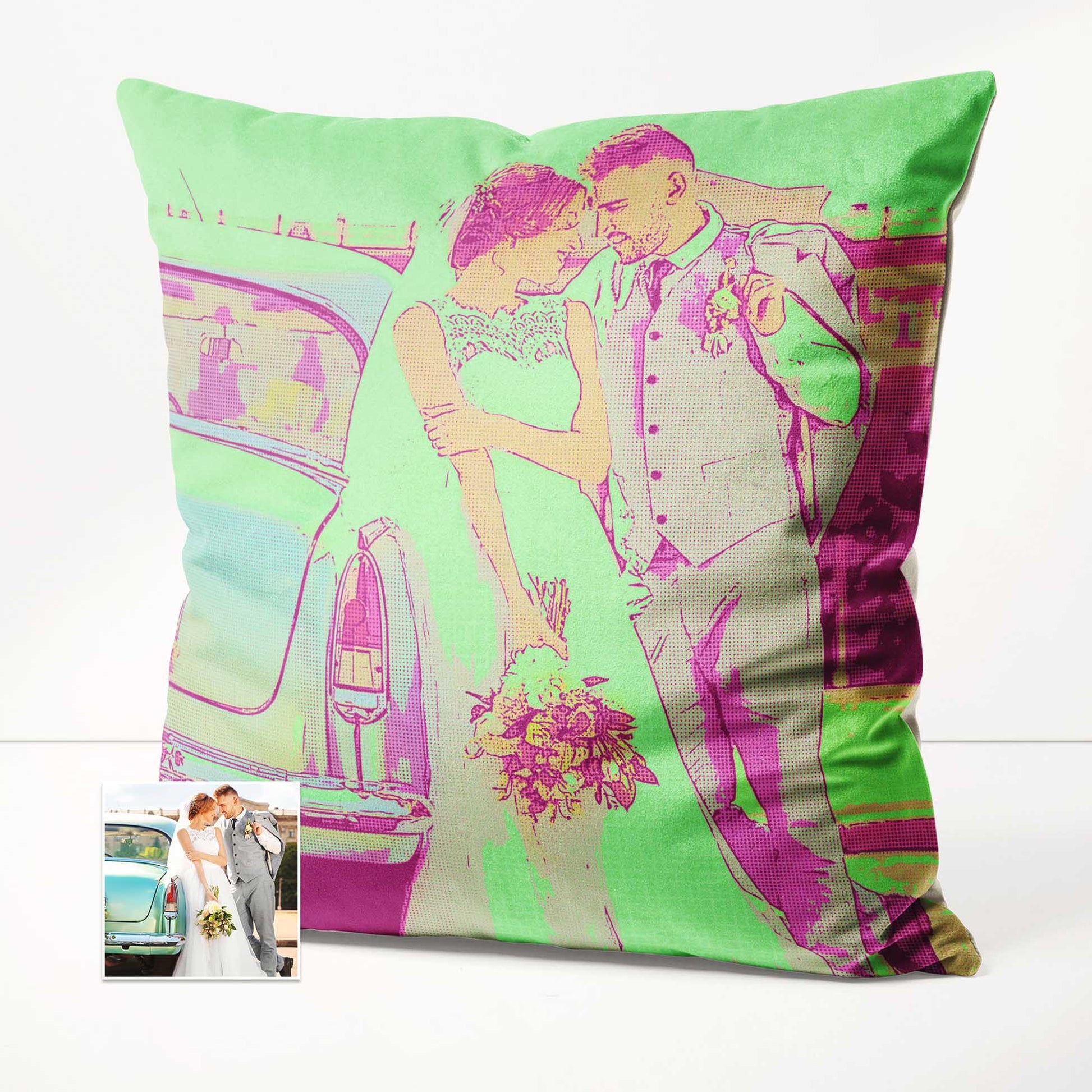 Add a playful touch to your home with a personalised Pink & Green Pop Art Cushion. Made with soft velvet fabric, this cushion offers a cosy and comfortable feel. Print it from a photo to create a unique and original design 