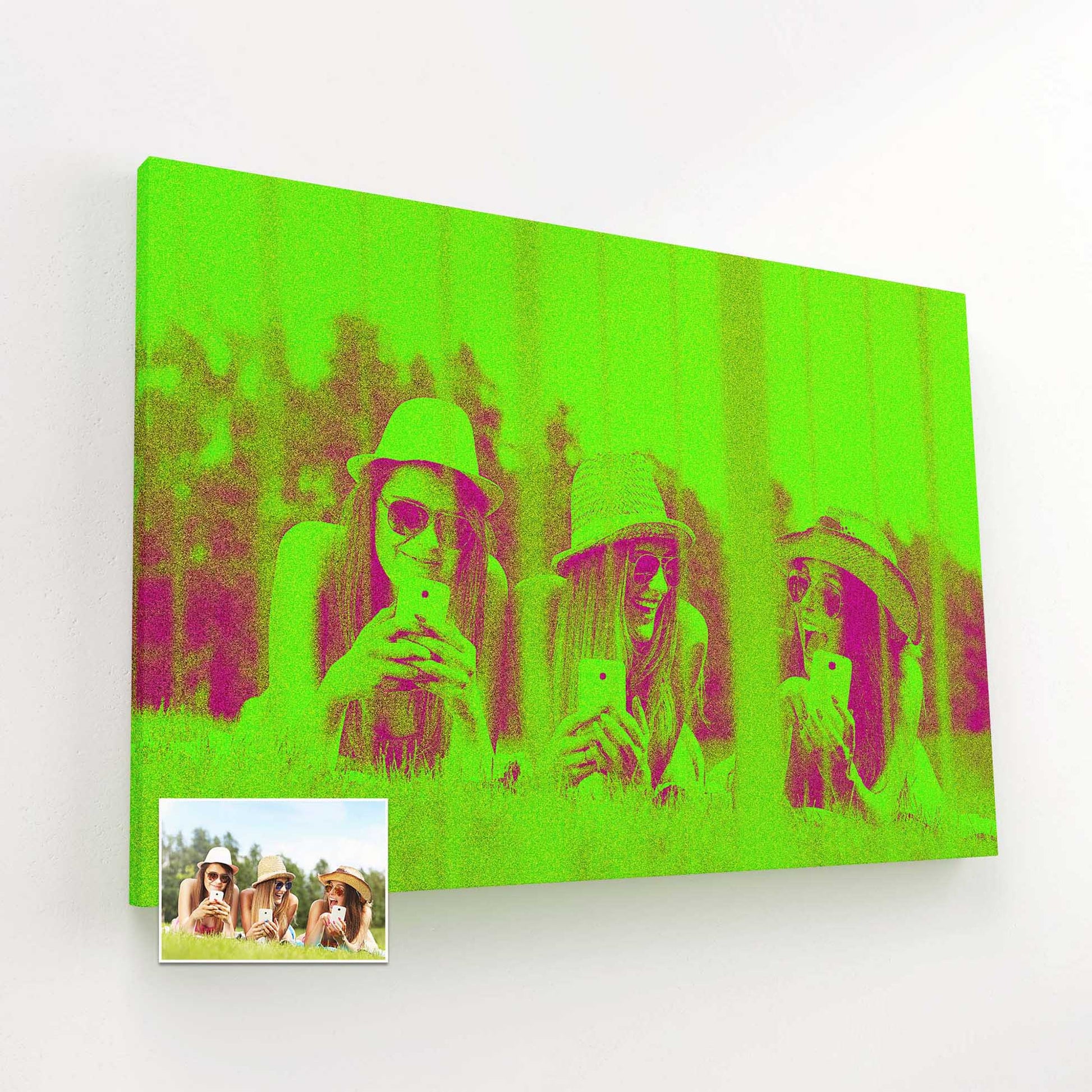 Transform your cherished memories into vibrant art with our personalised neon green canvas. Each piece is handcrafted with care, painting from your photo to capture the essence of your special moments