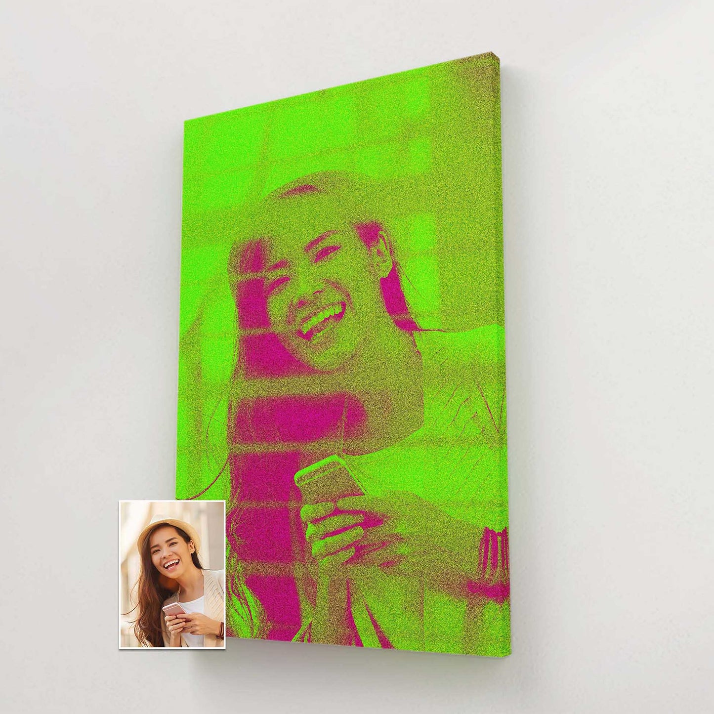 Make a statement with our personalised neon green canvas, a striking and eye-catching addition to any wall. Our talented artists will transform your photo into a work of art, using vibrant neon green shades to create a fresh and dynamic 