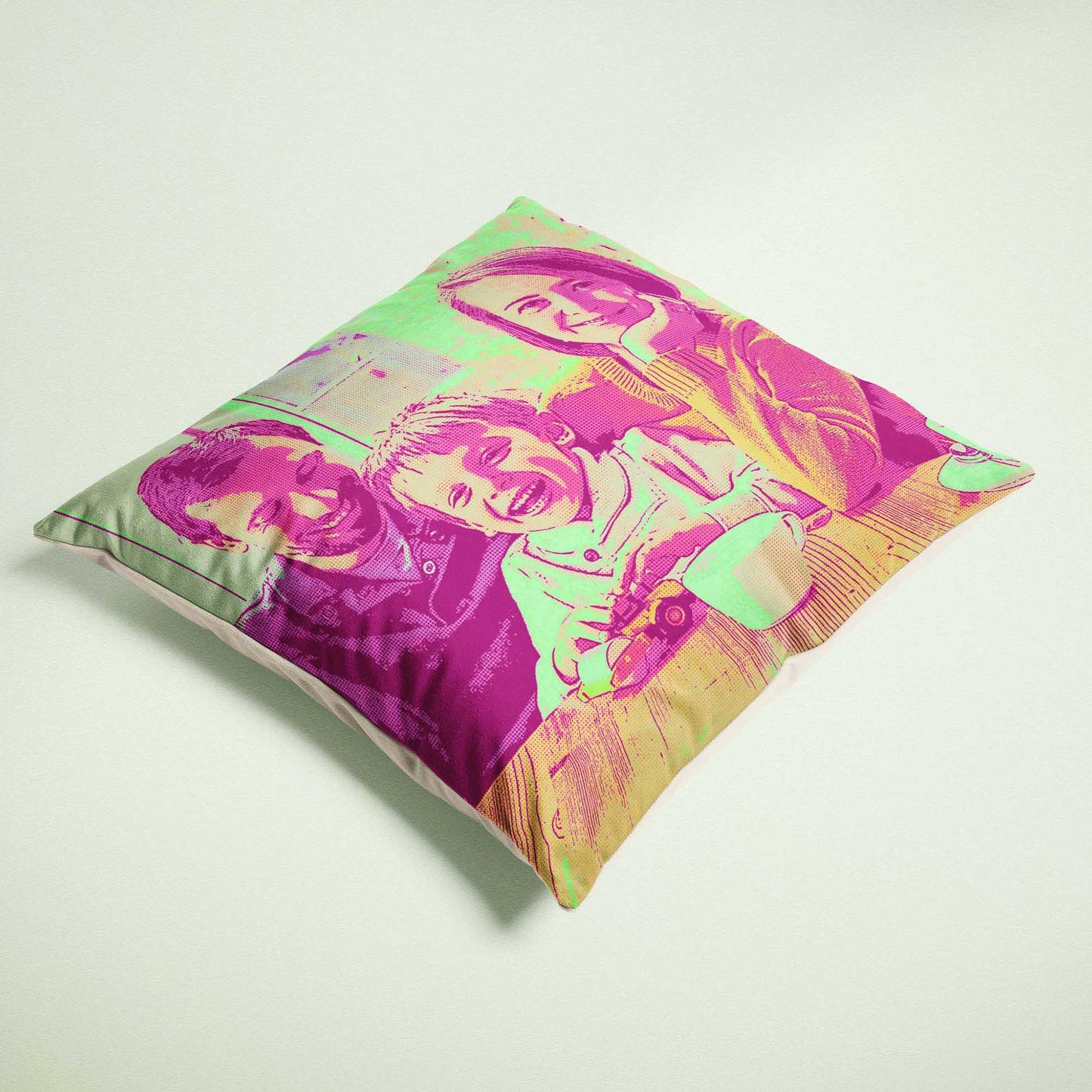 Bring a burst of fun and vibrancy to your home decor with a personalised Pink & Green Pop Art Cushion. Crafted from soft velvet fabric, this colourful and full cushion offers a cosy and inviting feel. Print it from a photo 